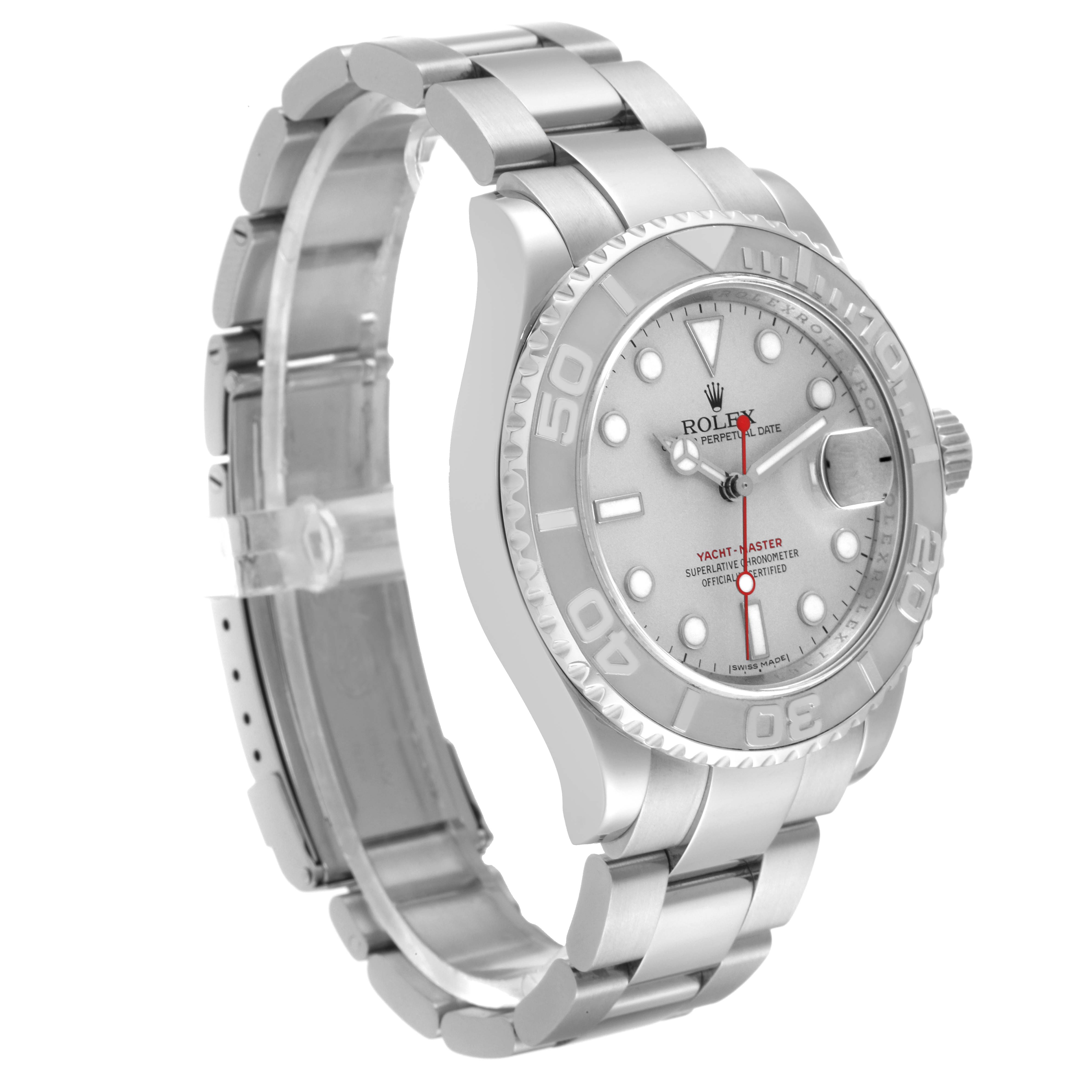 The Rolex Yacht-Master 16622 Men's Stainless Steel Silver Dial 16622 Men's Stainless Steel Silver Dial watch is shown at an oblique angle, highlighting the bracelet, bezel, dial, and crown.
