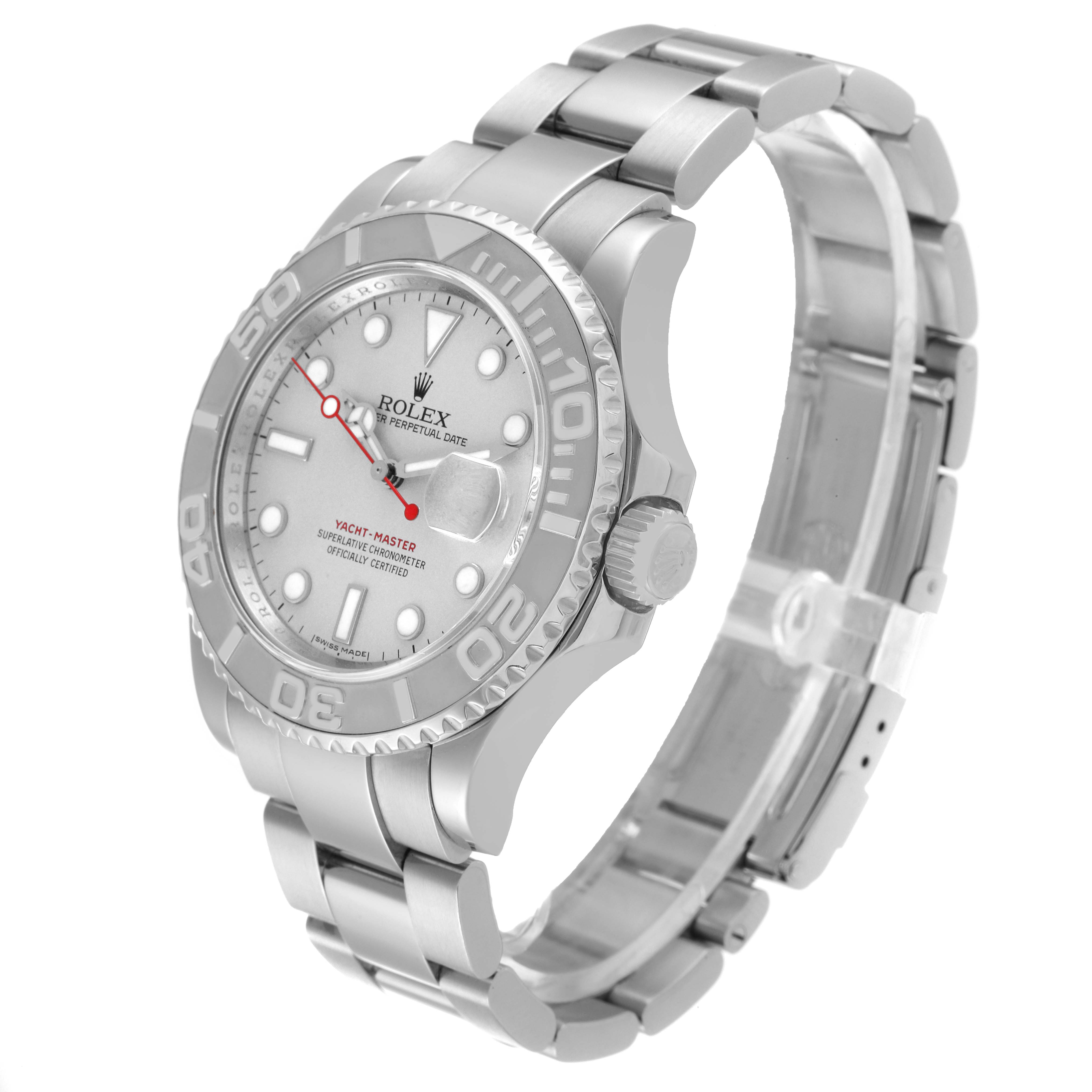 The Rolex Yacht-Master 16622 Men's Stainless Steel Silver Dial 16622 Men's Stainless Steel Silver Dial watch image shows a side angle highlighting the face, bezel, crown, and bracelet.