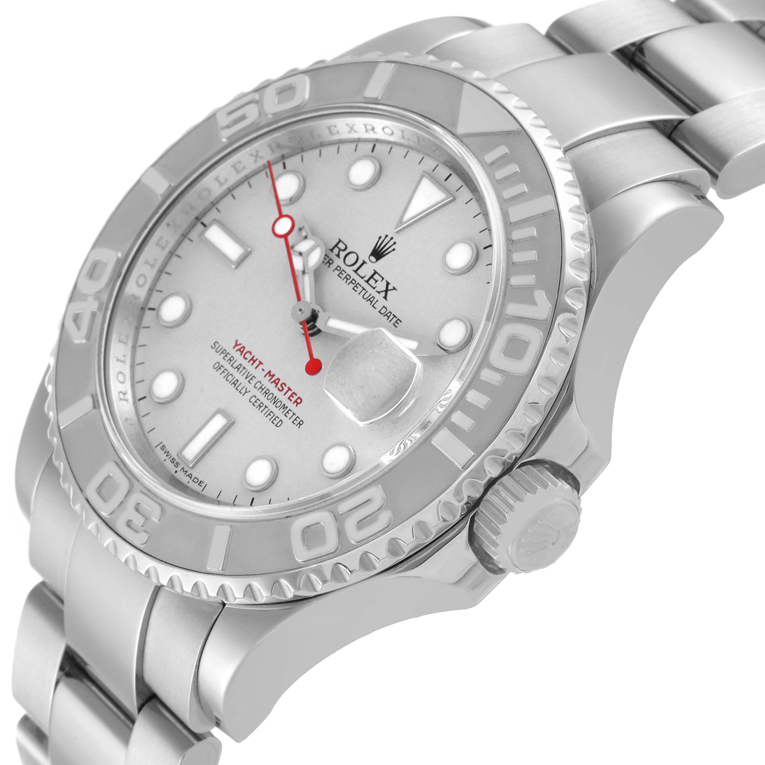 The image features a close-up of the Rolex Yacht-Master 16622 Men's Stainless Steel Silver Dial 16622 Men's Stainless Steel Silver Dial watch, showing the dial, crown, bezel, and part of the bracelet at an angle.