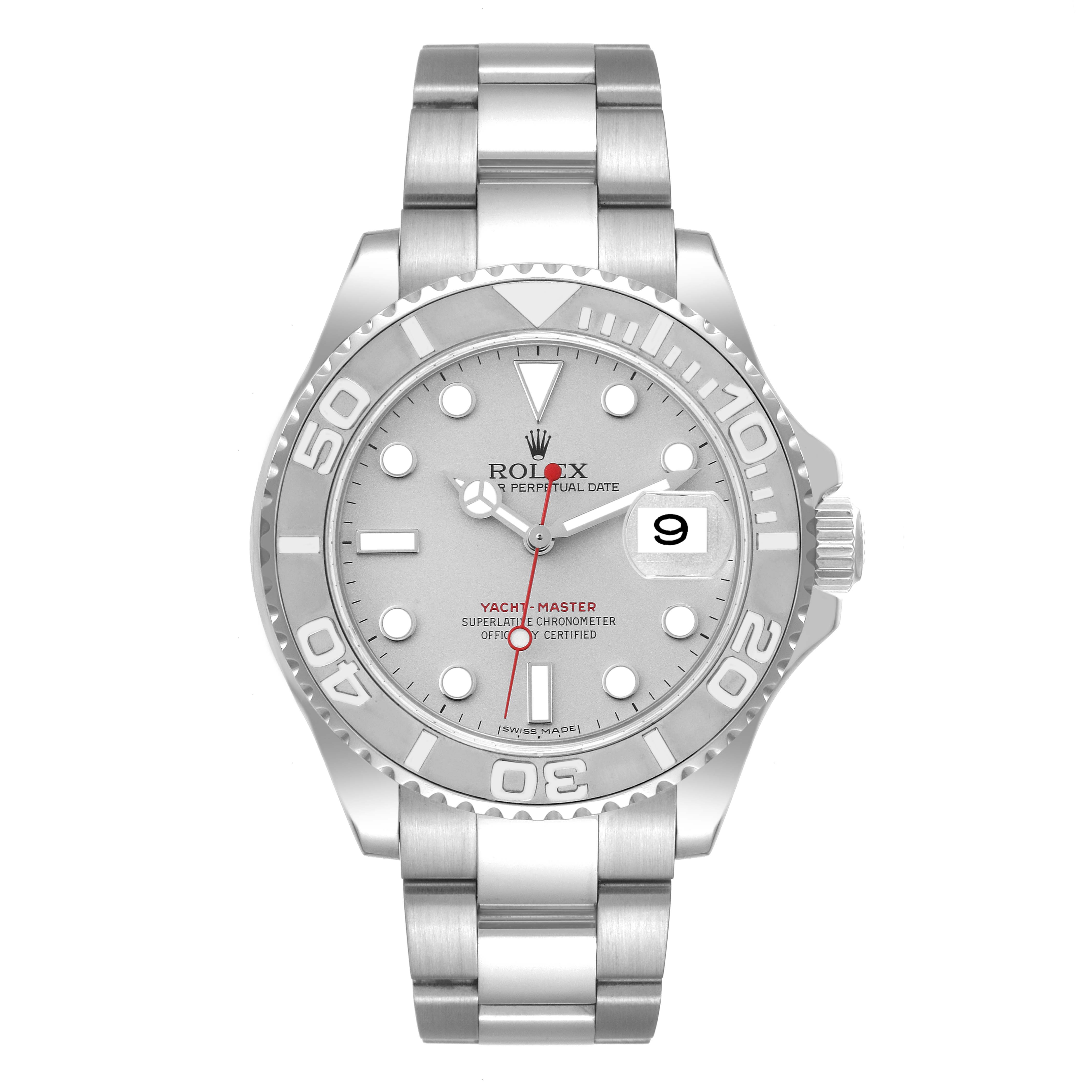 The image shows a front view of the Rolex Yacht-Master 16622 Men's Stainless Steel Silver Dial 16622 Men's Stainless Steel Silver Dial watch with its face, bezel, bracelet, and date window.