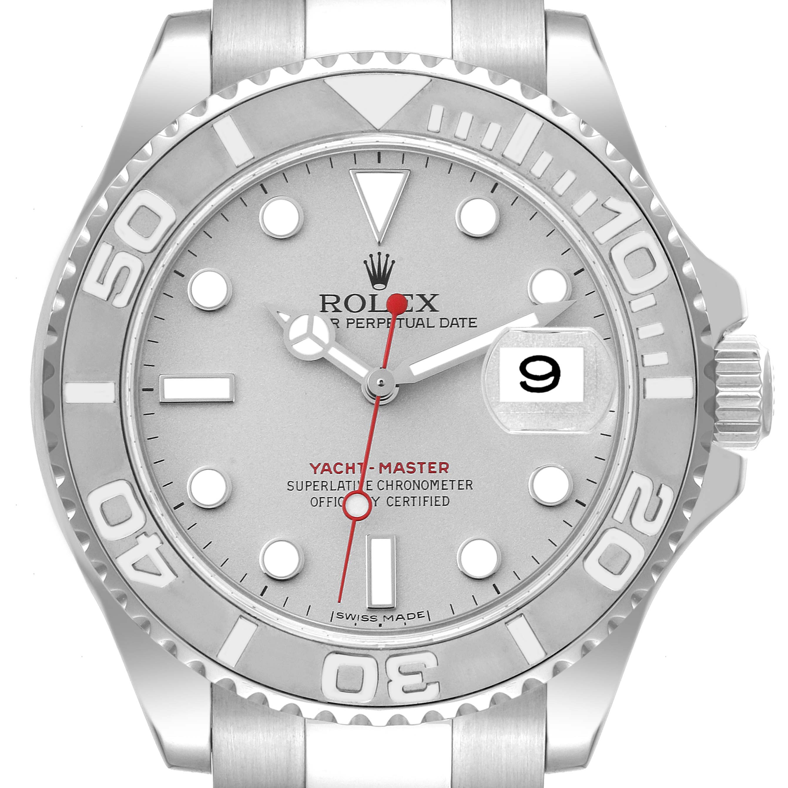 This image shows a front view of the Rolex Yacht-Master 16622 Men's Stainless Steel Silver Dial 16622 Men's Stainless Steel Silver Dial watch, detailing its dial, bezel, and part of the bracelet.