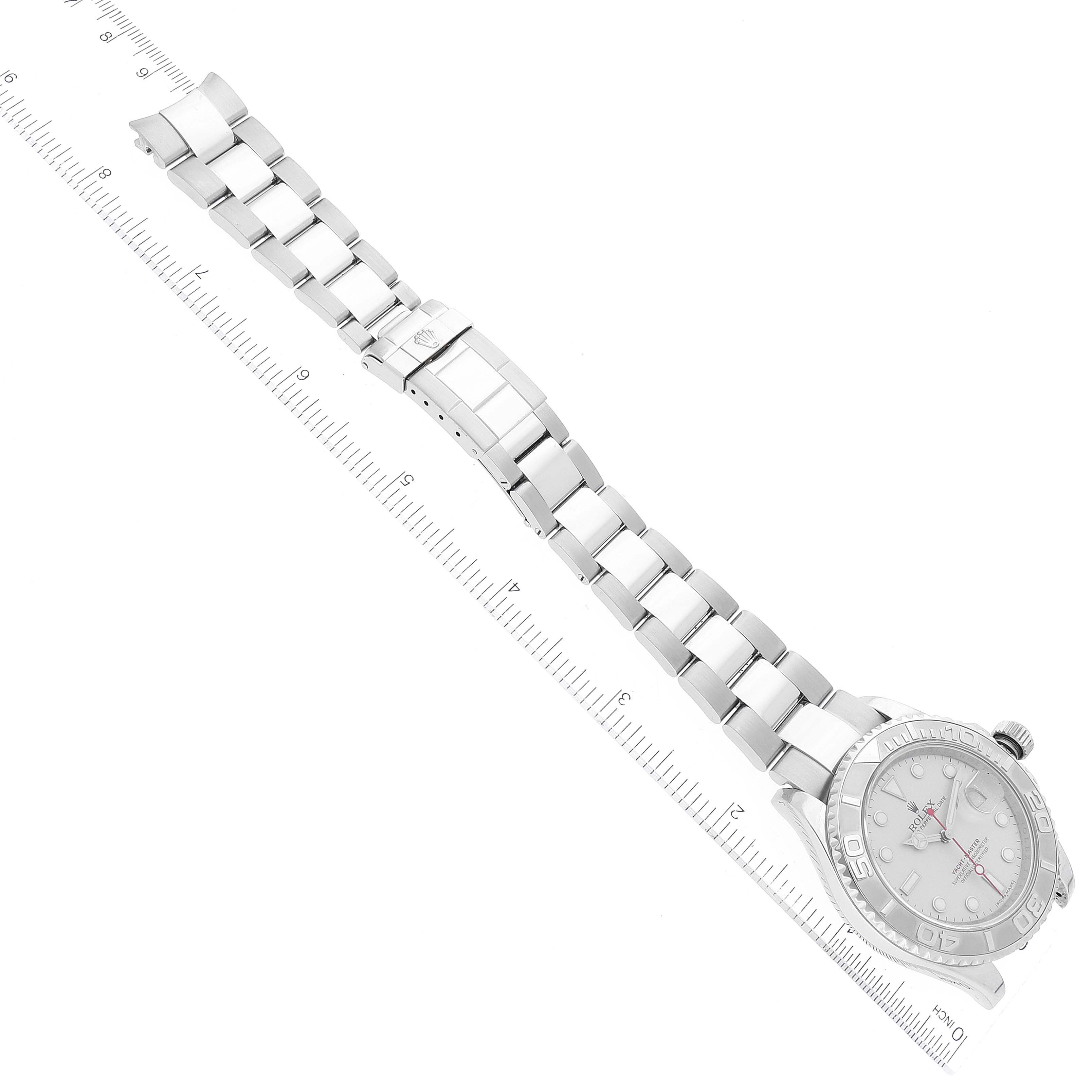 This image shows a top-down angle of a Rolex Yacht-Master 16622 Men's Stainless Steel Silver Dial 16622 Men's Stainless Steel Silver Dial watch, highlighting the full bracelet and case.