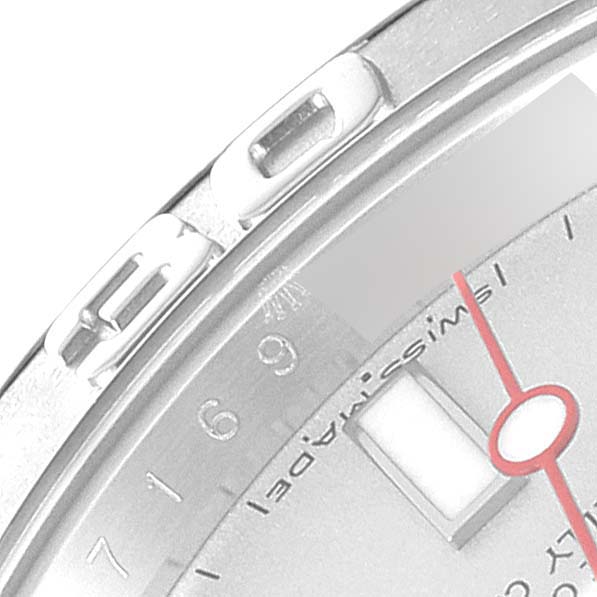 This image shows a close-up of part of a Rolex Yacht-Master 16622 Men's Stainless Steel Silver Dial 16622 Men's Stainless Steel Silver Dial watch face, including hour markers and part of the bezel.