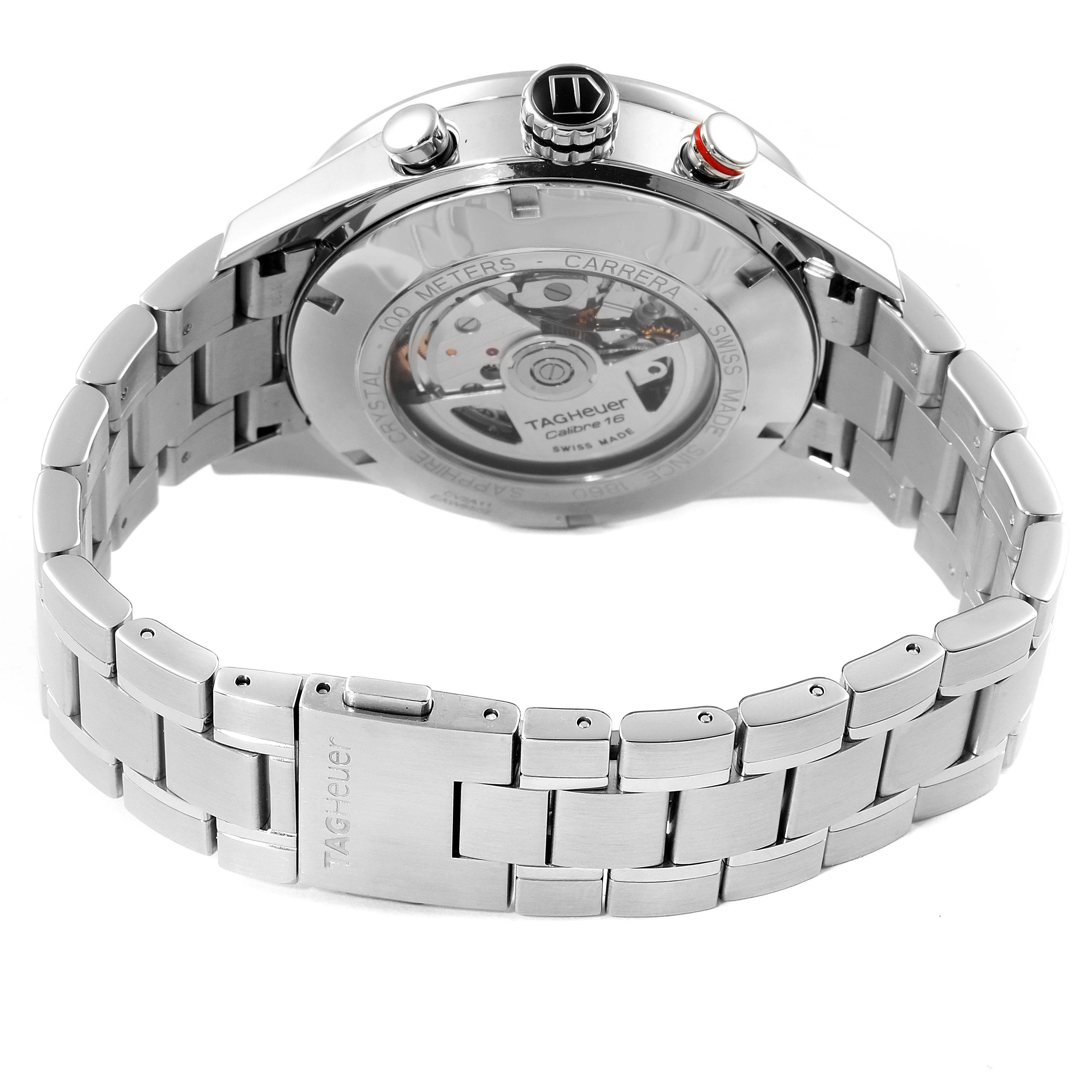 The image shows the back view of a Tag Heuer Carrera CV2A11 Men's Stainless Steel Silver Dial CV2A11 Men's Stainless Steel Silver Dial watch, focusing on the case back and metal bracelet.