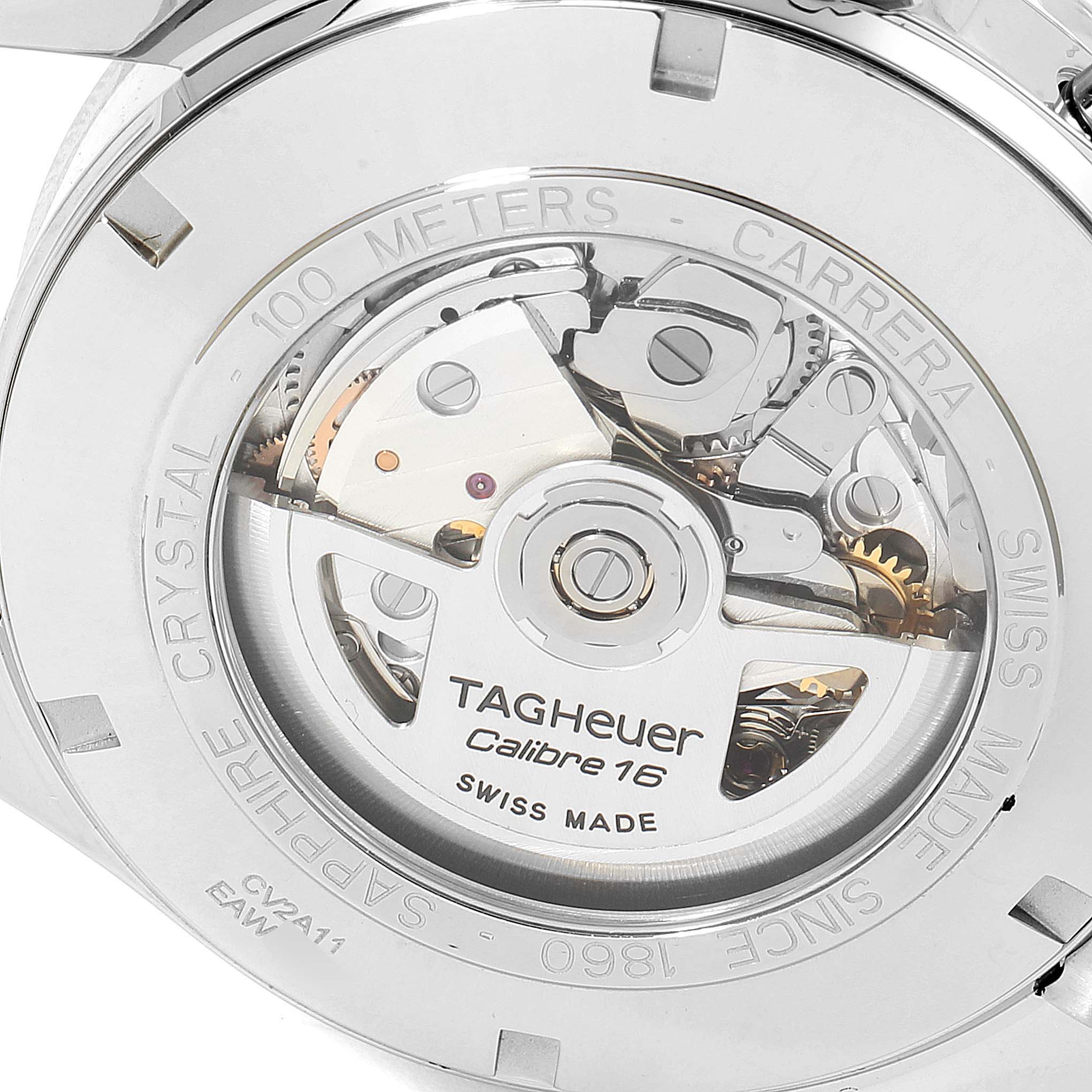 The image shows the back view of a Tag Heuer Carrera CV2A11 Men's Stainless Steel Silver Dial CV2A11 Men's Stainless Steel Silver Dial watch, highlighting its Calibre 16 movement.
