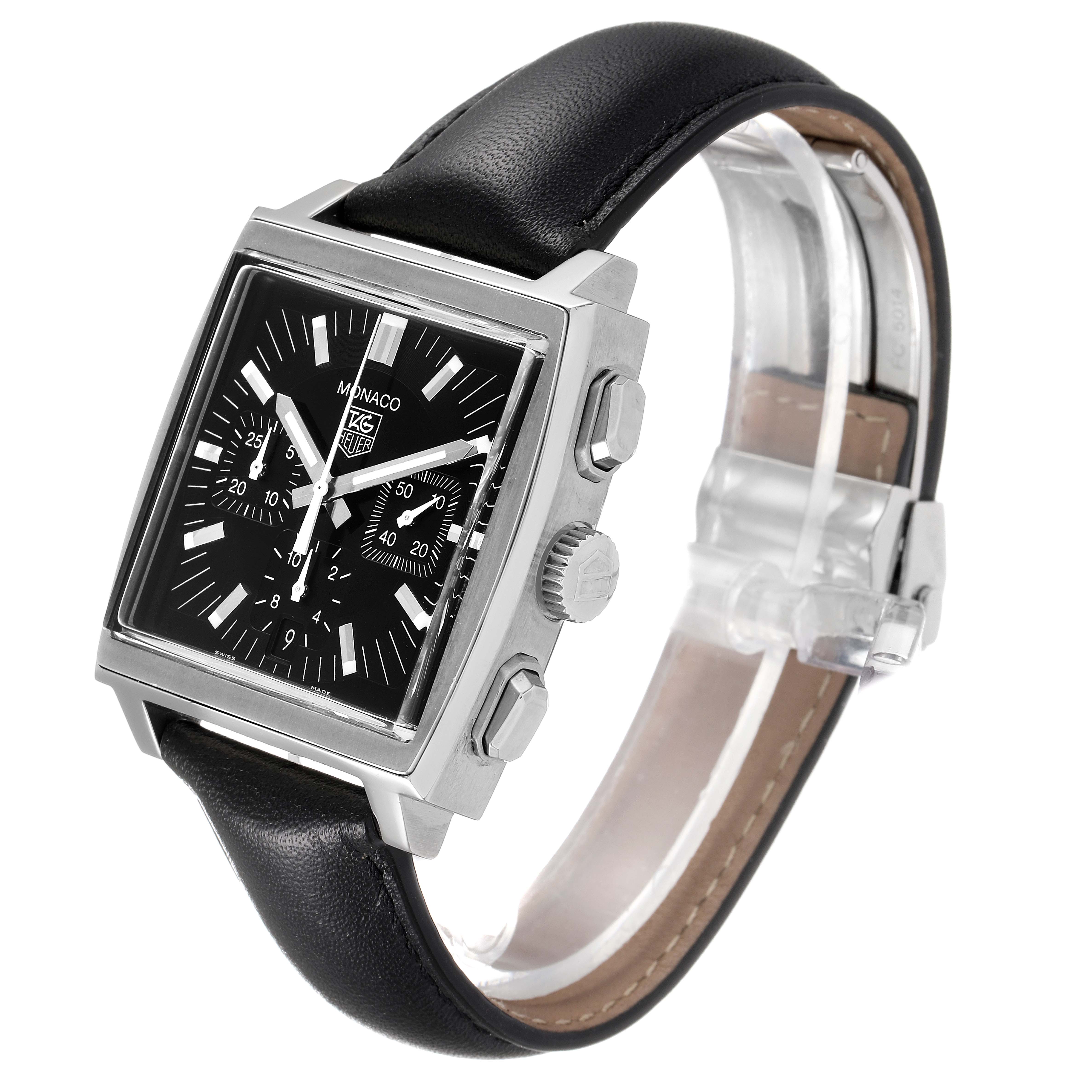 The image shows a Tag Heuer Monaco CW2111 Men's Stainless Steel Black Dial CW2111 Men's Stainless Steel Black Dial watch at a three-quarter angle, highlighting the black dial, chronograph buttons, and leather strap.