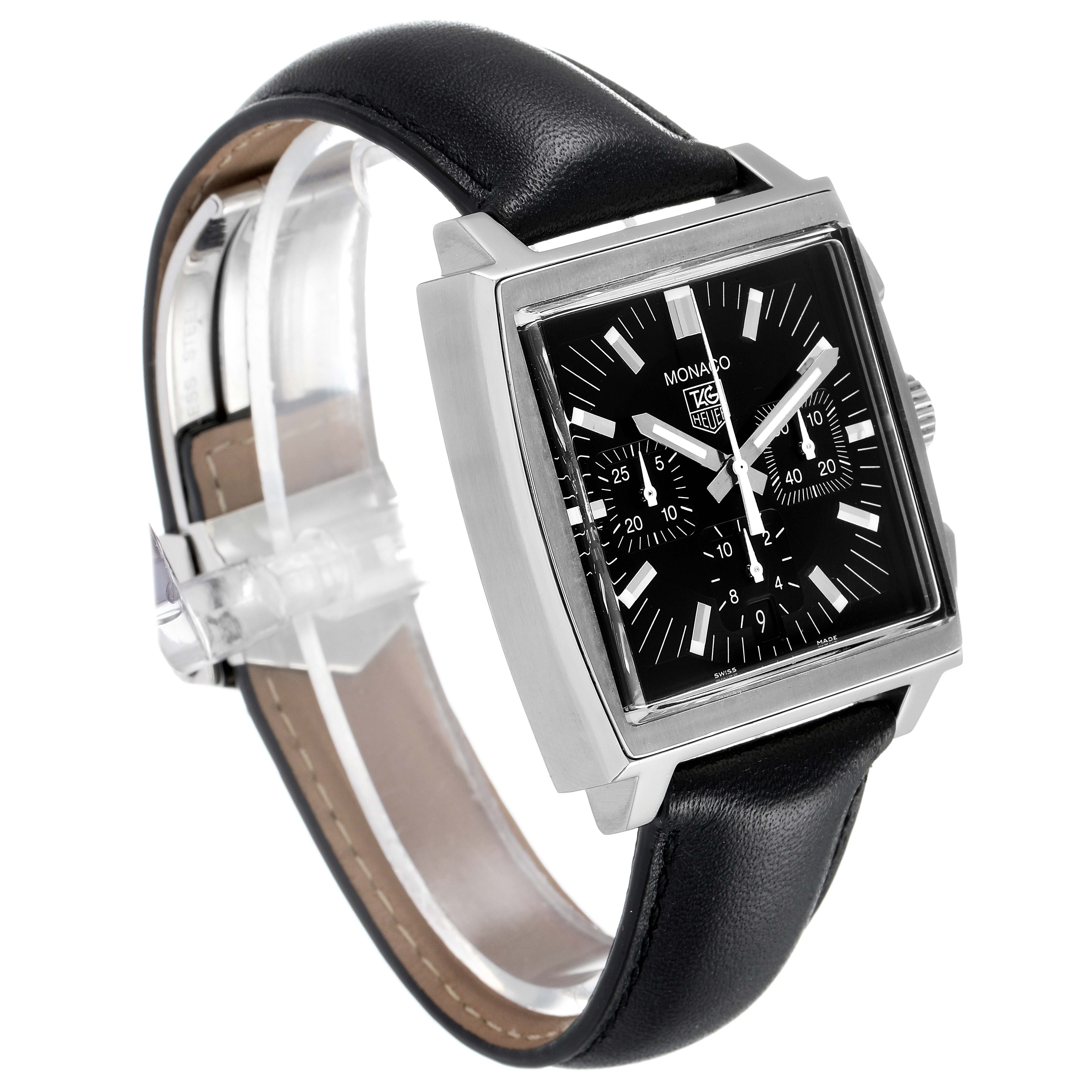 The Tag Heuer Monaco CW2111 Men's Stainless Steel Black Dial CW2111 Men's Stainless Steel Black Dial watch is shown at a three-quarter angle, displaying its black dial, square case, and black leather strap.