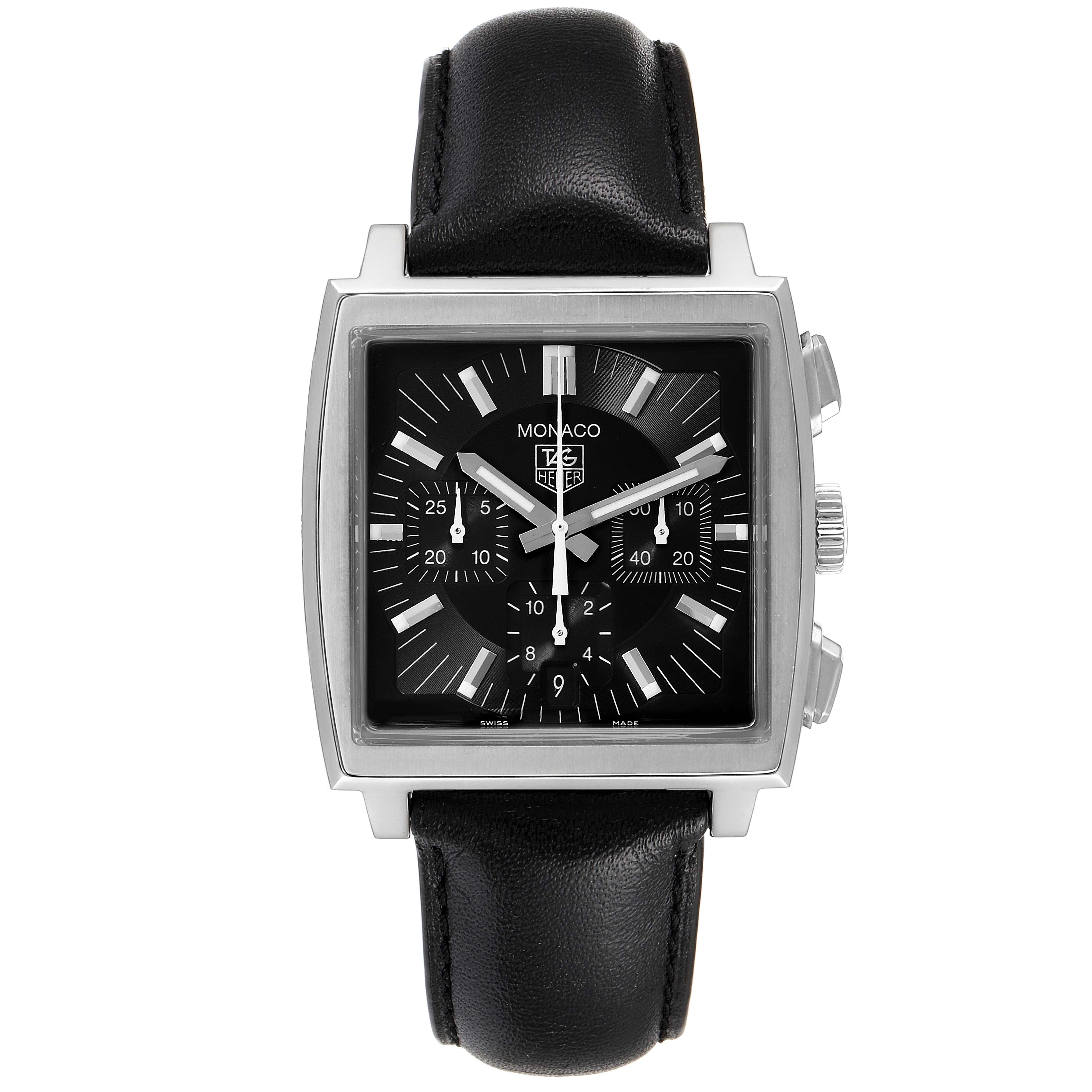 This image shows a front view of a Tag Heuer Monaco CW2111 Men's Stainless Steel Black Dial CW2111 Men's Stainless Steel Black Dial watch featuring a black dial and a black leather strap.