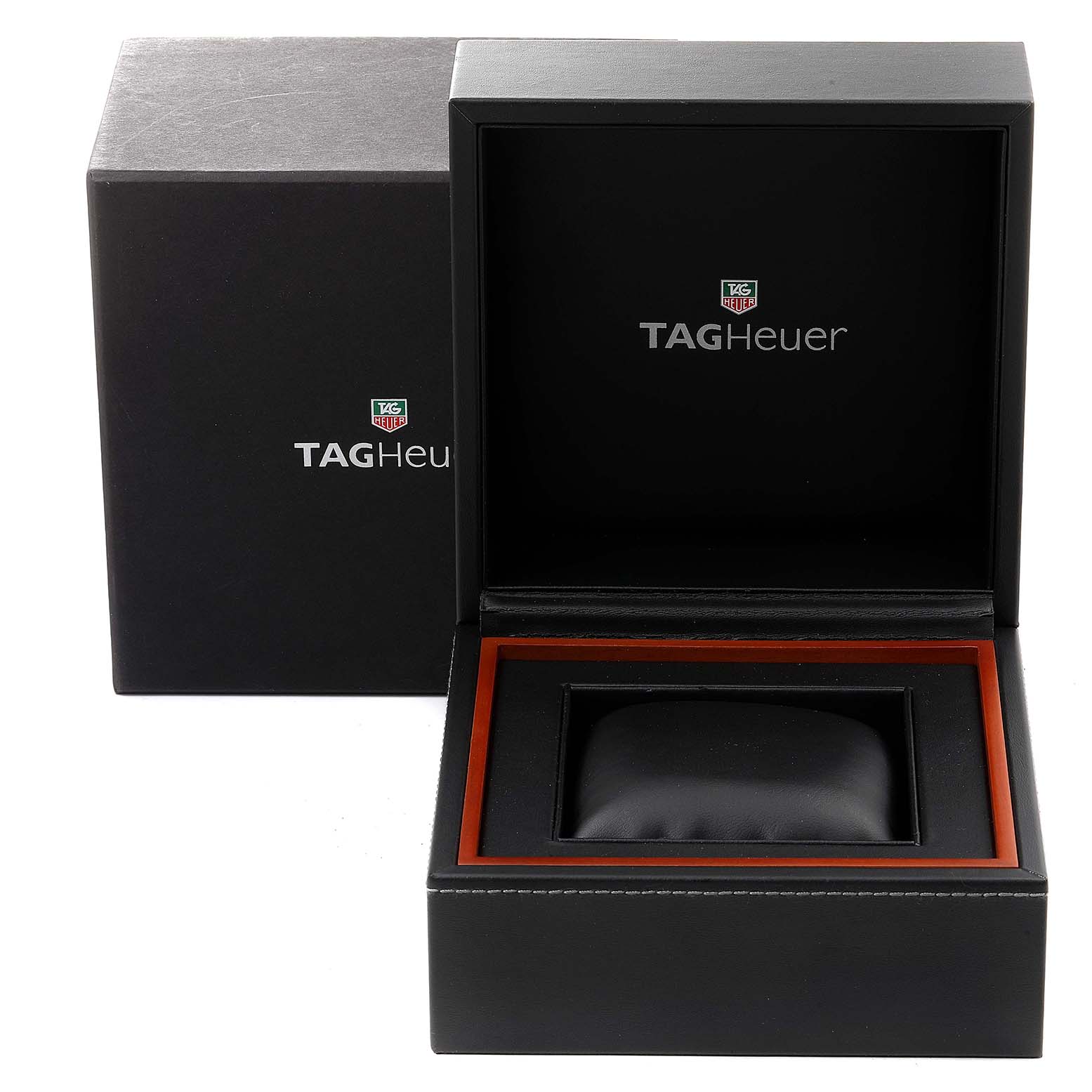 This image shows the open packaging box for a Tag Heuer Monaco CW2111 Men's Stainless Steel Black Dial CW2111 Men's Stainless Steel Black Dial watch, displaying the interior pillow.