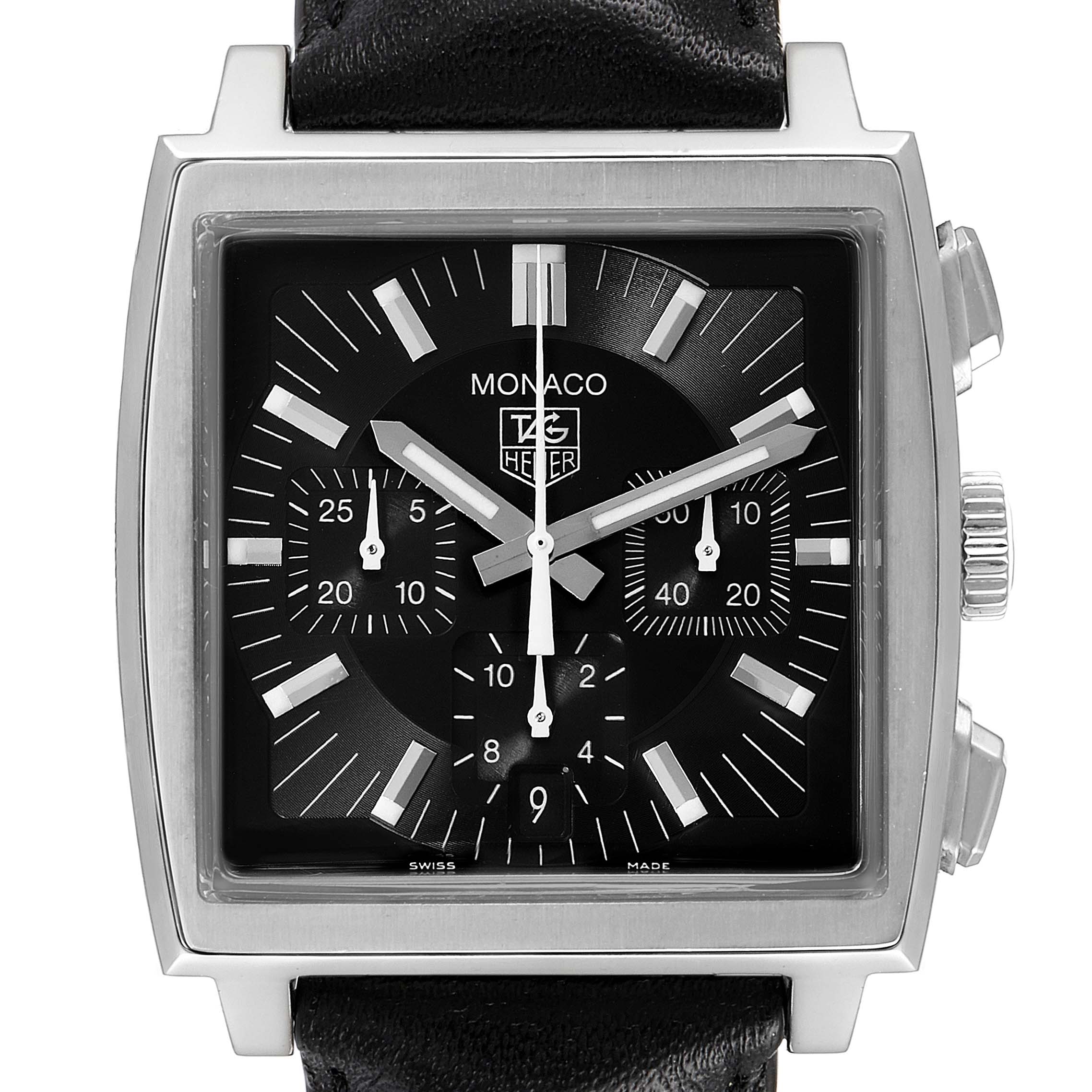 The image shows a front view of a Tag Heuer Monaco CW2111 Men's Stainless Steel Black Dial CW2111 Men's Stainless Steel Black Dial model watch, highlighting its black dial, subdials, and square case.