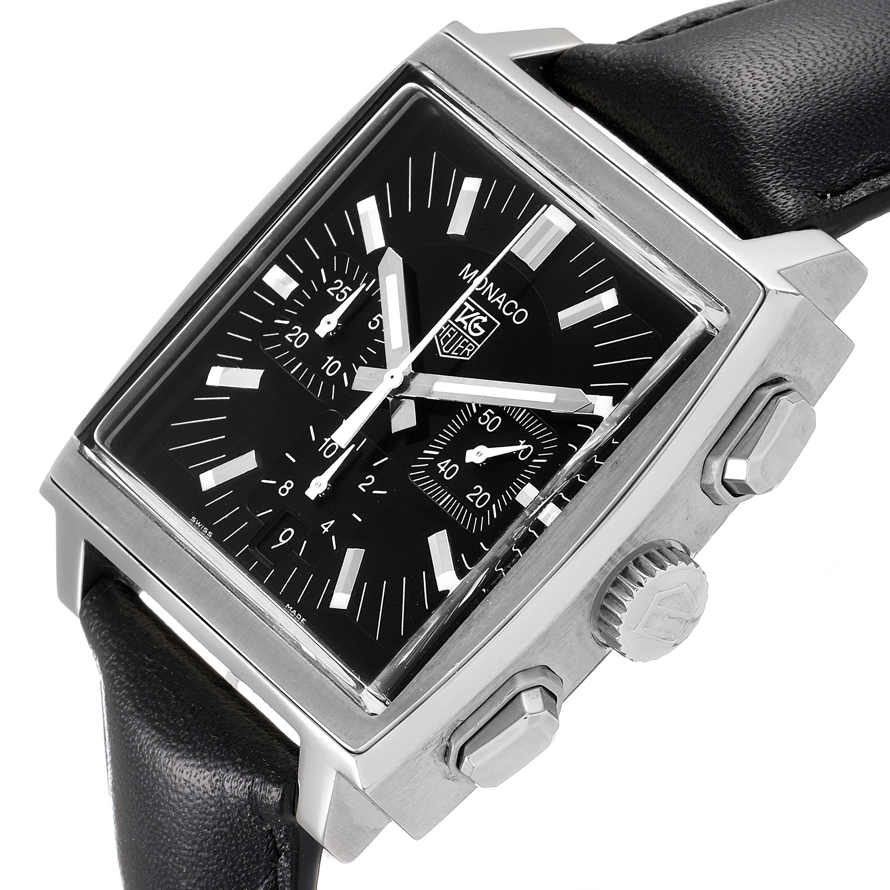 This Tag Heuer Monaco CW2111 Men's Stainless Steel Black Dial CW2111 Men's Stainless Steel Black Dial watch is shown at a tilted angle, displaying the face, crown, and chronograph pushers.