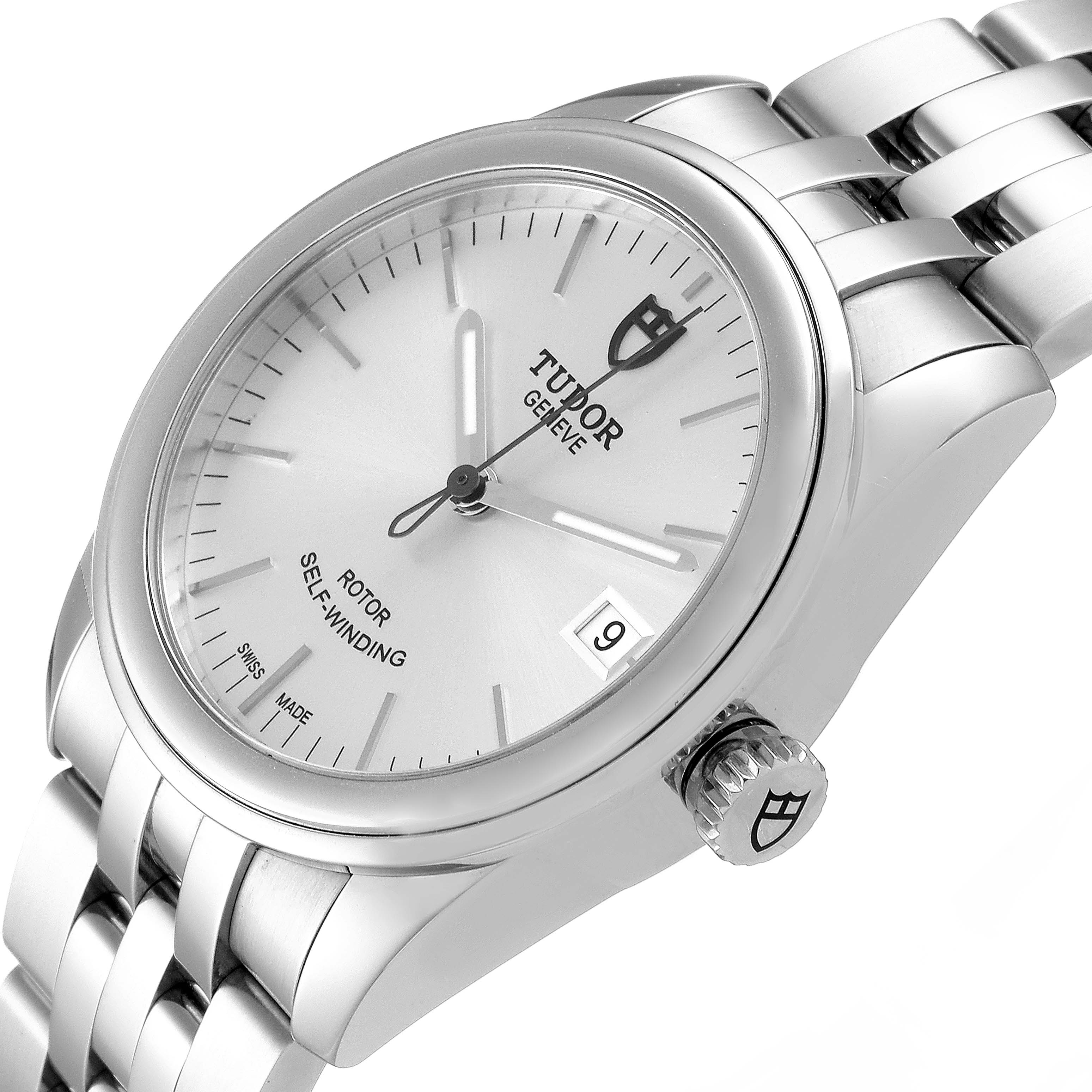 The Tudor Glamour M55000-0001 Men's Stainless Steel Silver Dial M55000-0001 Men's Stainless Steel Silver Dial model watch is shown at an angled close-up, displaying its face, crown, and part of its bracelet.