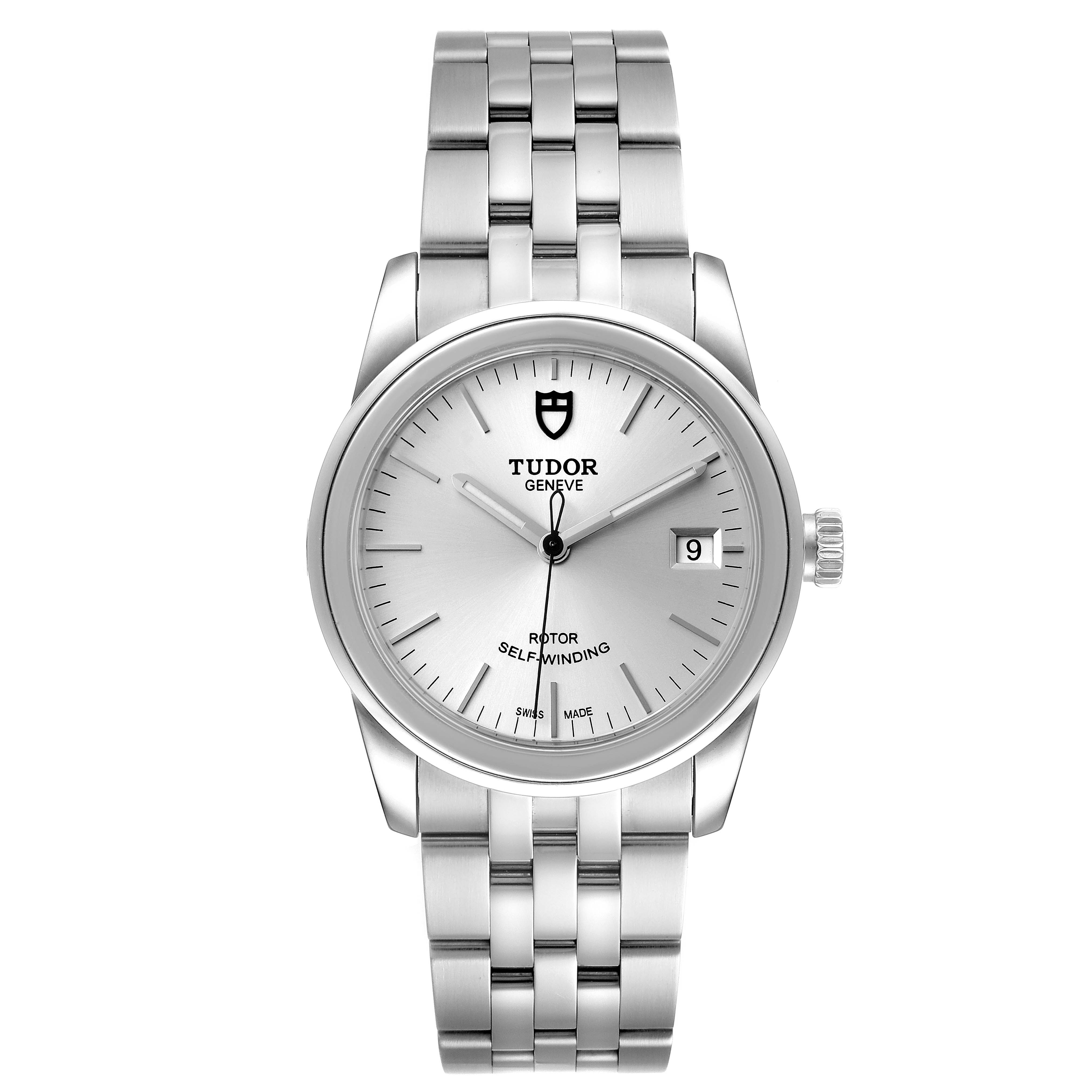 The image shows a front view of the Tudor Glamour M55000-0001 Men's Stainless Steel Silver Dial M55000-0001 Men's Stainless Steel Silver Dial model watch, displaying its dial, bracelet, and crown.