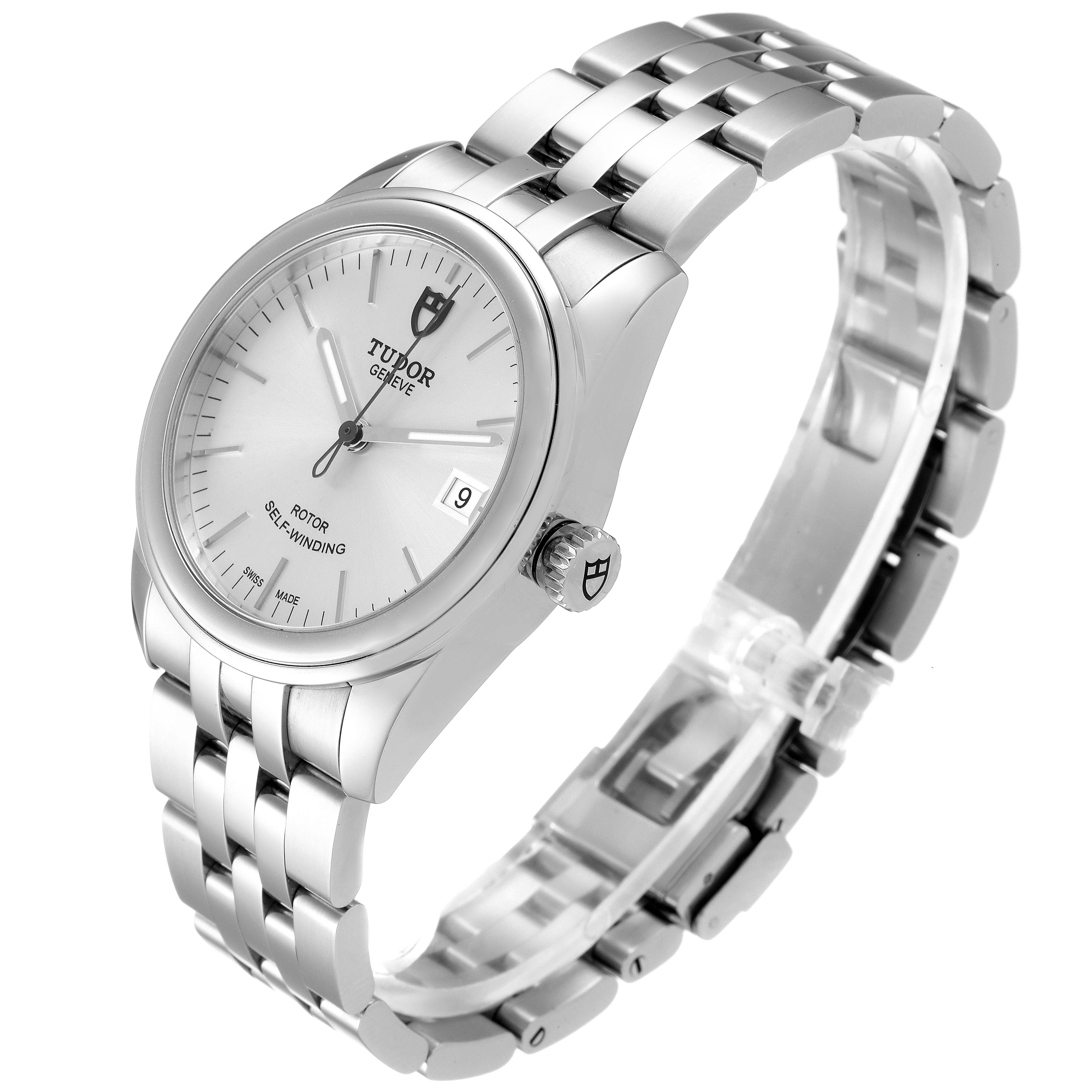 The image shows a side angle view of the Tudor Glamour M55000-0001 Men's Stainless Steel Silver Dial M55000-0001 Men's Stainless Steel Silver Dial model watch, highlighting the dial, bracelet, and crown.