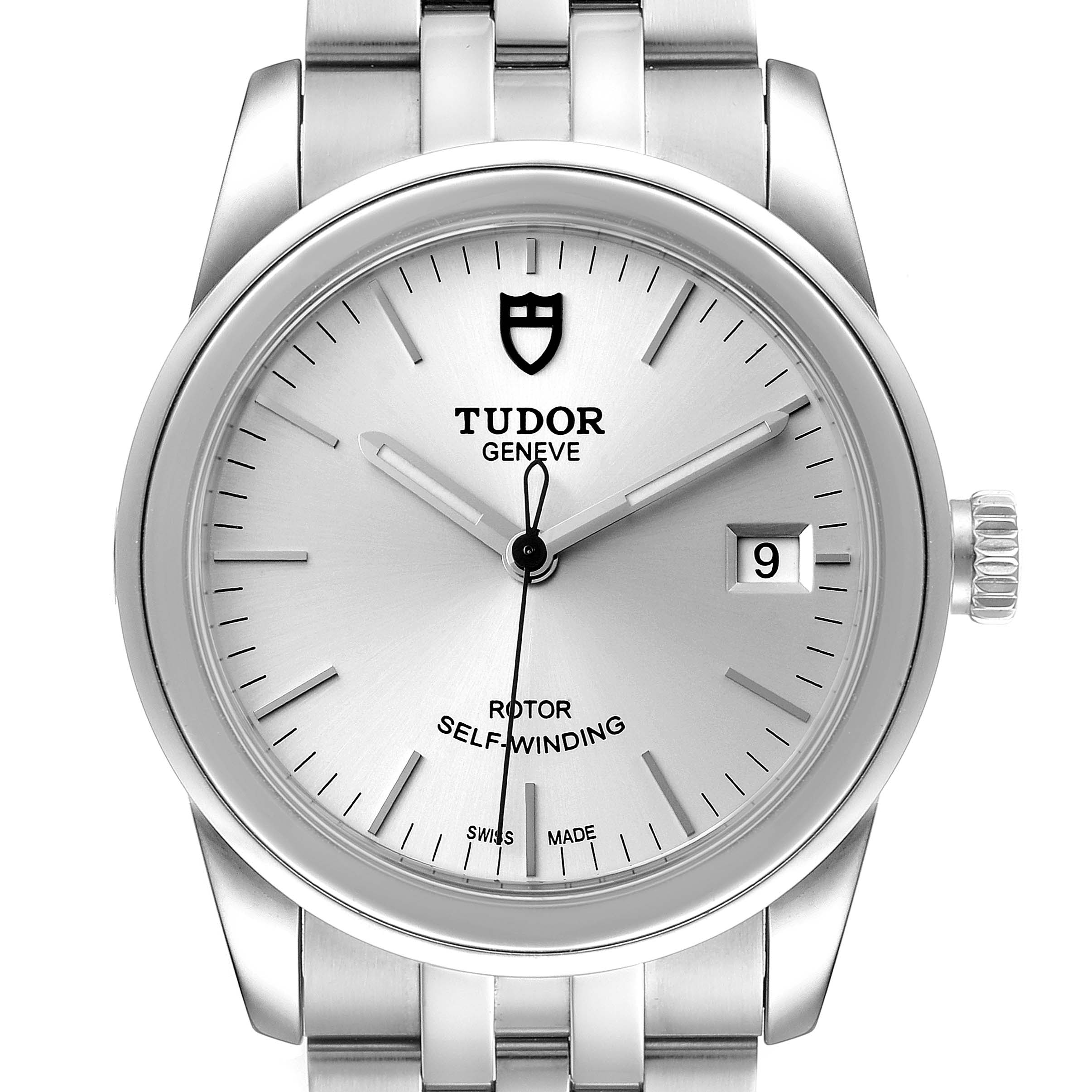 The image shows a front view of a Tudor Glamour M55000-0001 Men's Stainless Steel Silver Dial M55000-0001 Men's Stainless Steel Silver Dial model watch, highlighting the watch's face, dial, hands, crown, and bracelet.