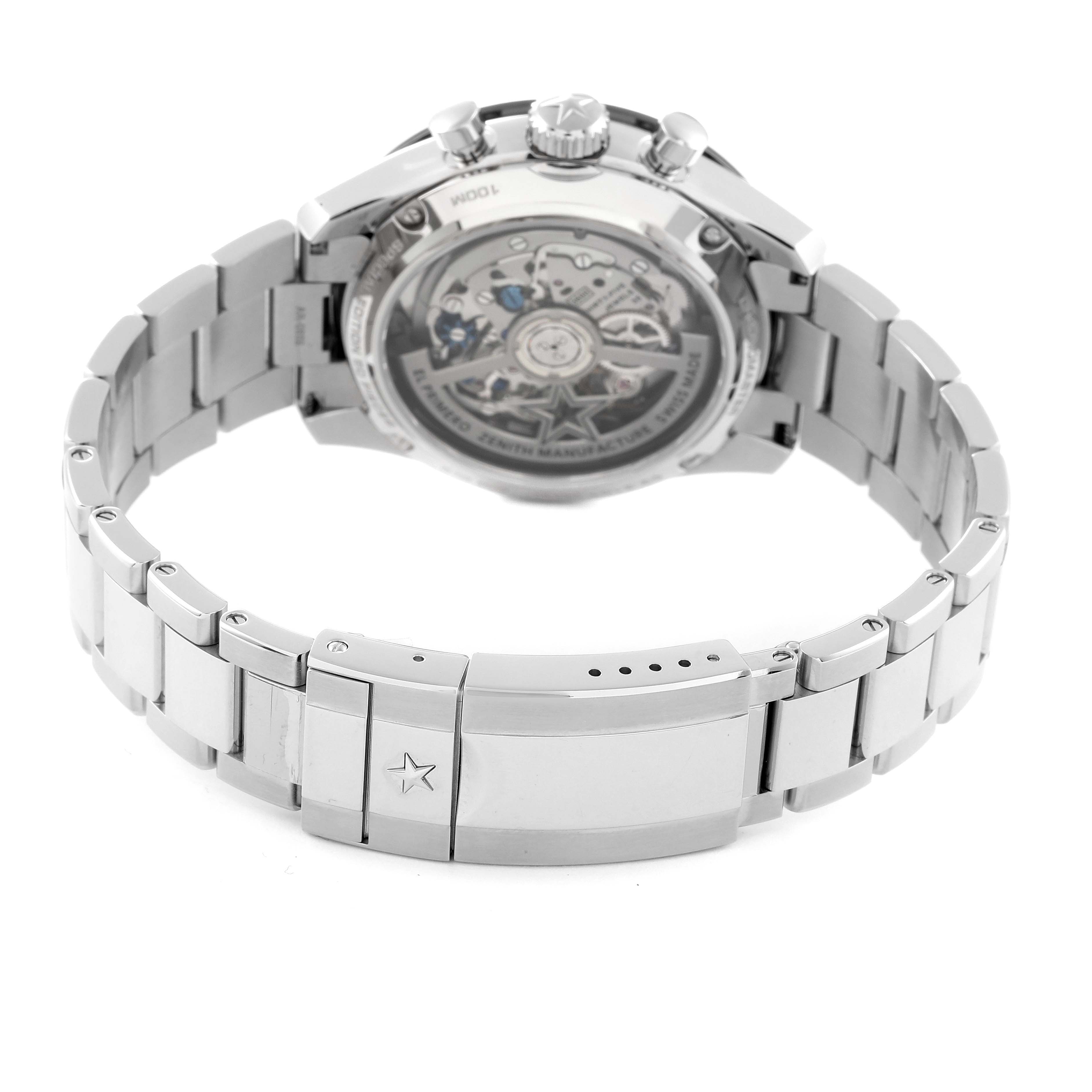 The image shows the back view of a Zenith Chronomaster 03.3101.3600 Men's Stainless Steel Black Dial 03.3101.3600 Men's Stainless Steel Black Dial watch, highlighting the case back and metal bracelet.