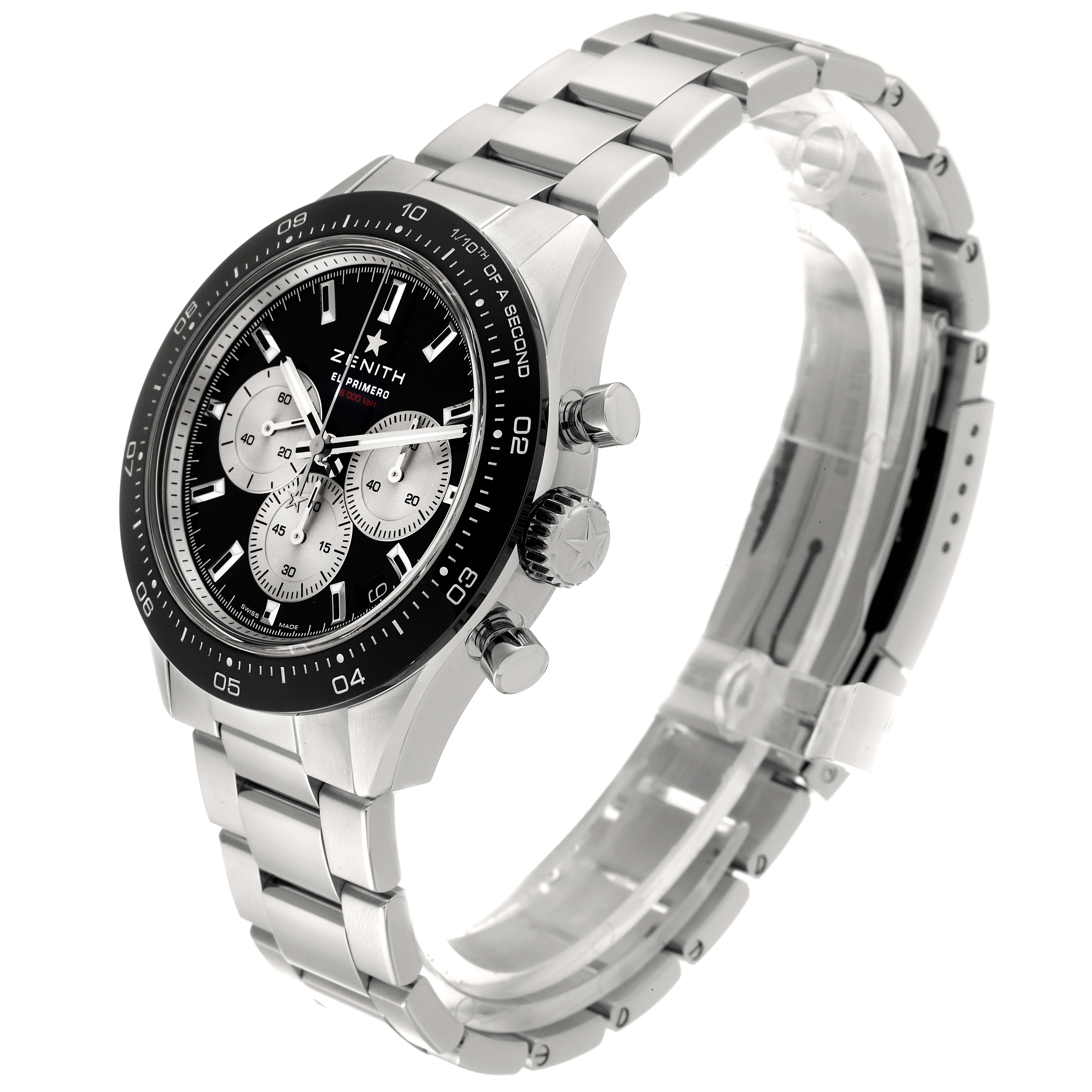 The Zenith Chronomaster 03.3101.3600 Men's Stainless Steel Black Dial 03.3101.3600 Men's Stainless Steel Black Dial watch is shown from a three-quarter angle, displaying its face, bezel, crown, pushers, and bracelet.