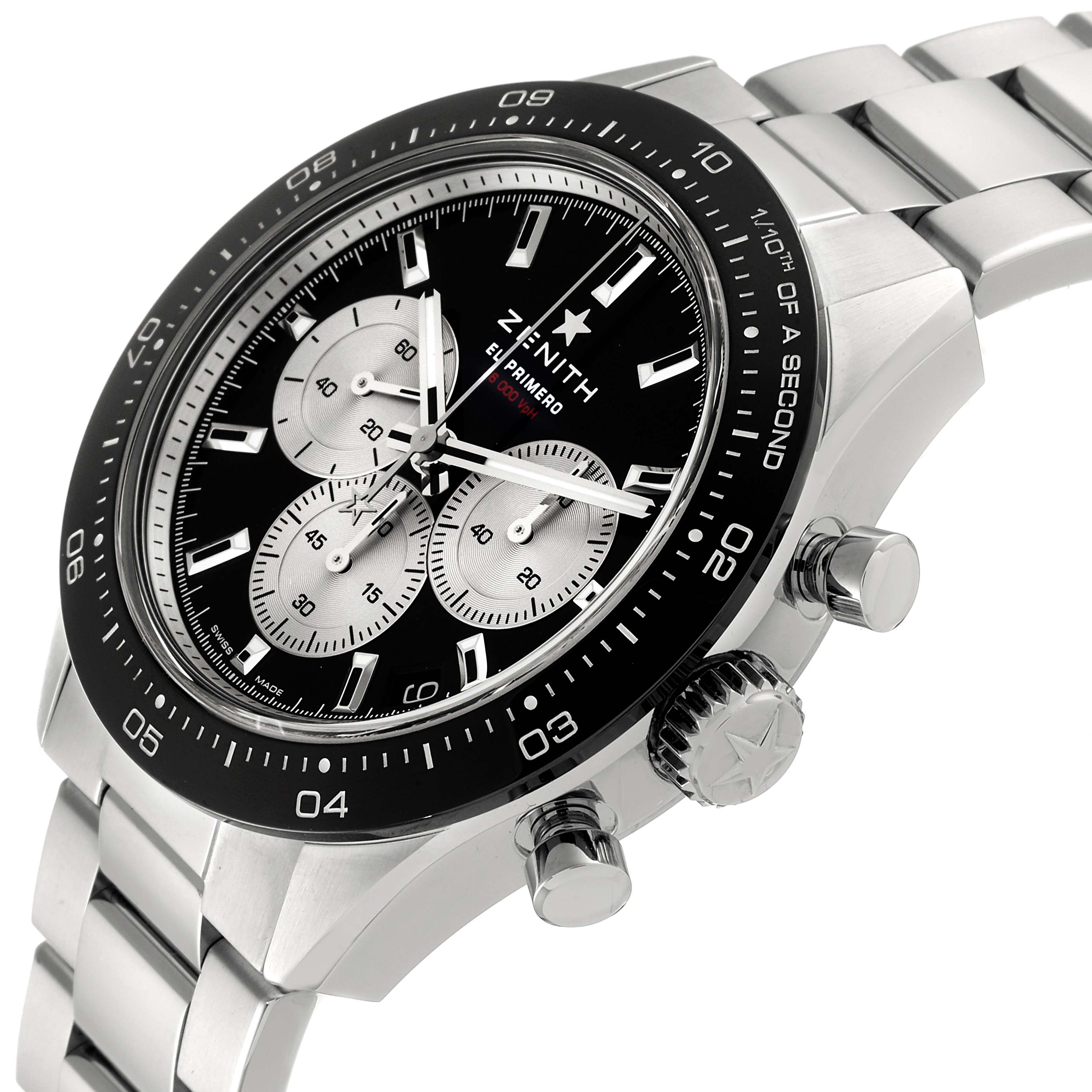 The Zenith Chronomaster 03.3101.3600 Men's Stainless Steel Black Dial 03.3101.3600 Men's Stainless Steel Black Dial watch is shown at an angle highlighting its face, bezel, pushers, crown, and metal bracelet.