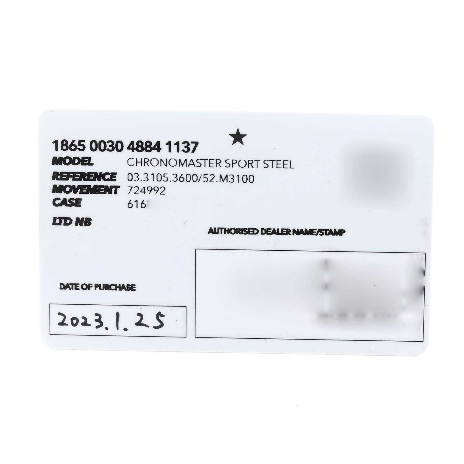 The image shows the warranty card for the Zenith Chronomaster 03.3105.3600 Men's Stainless Steel Blue Dial 03.3105.3600 Men's Stainless Steel Blue Dial model, displaying details like reference number, movement, case, date, and authorized dealer information.