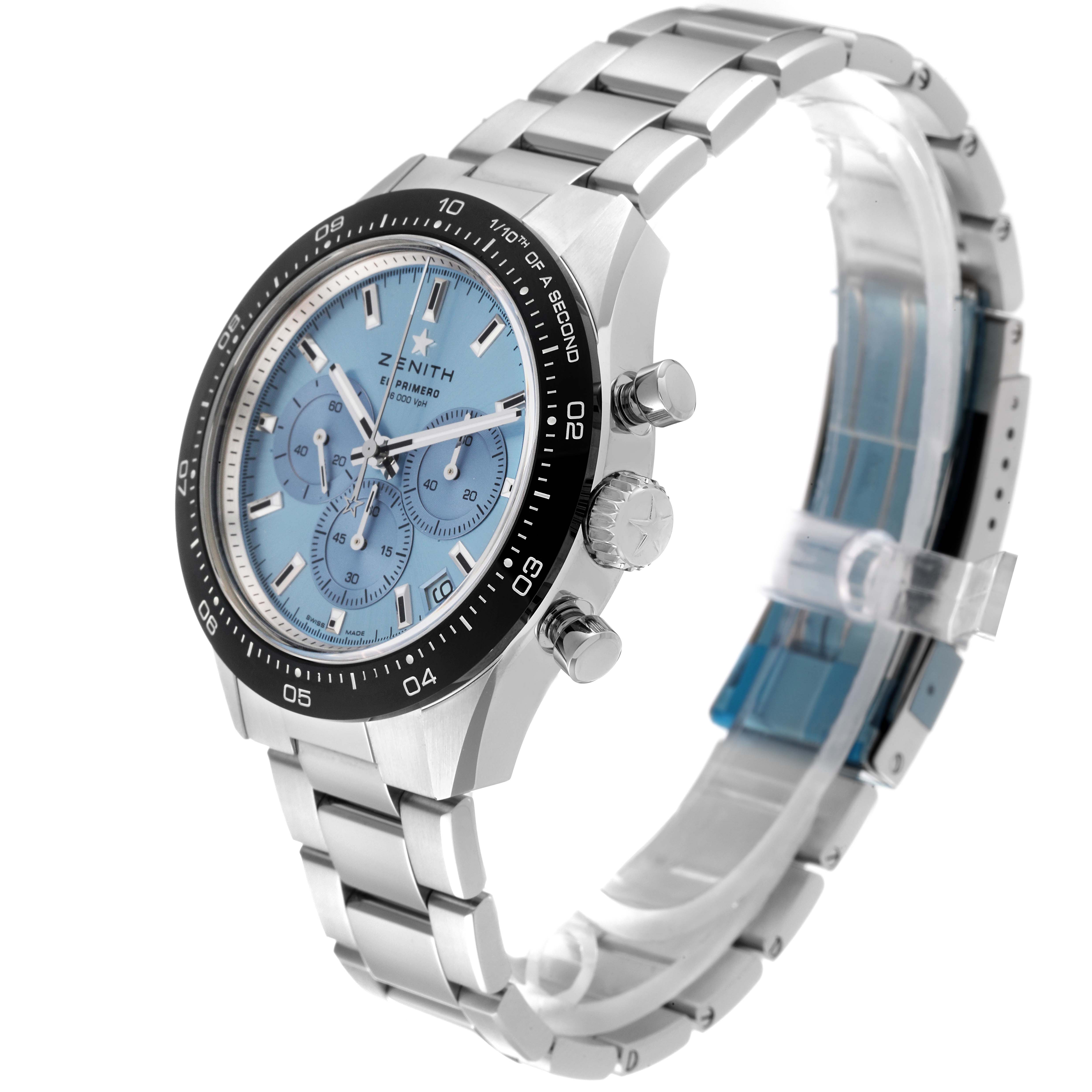 The Zenith Chronomaster 03.3105.3600 Men's Stainless Steel Blue Dial 03.3105.3600 Men's Stainless Steel Blue Dial watch is shown at an angled side view, highlighting its face, bezel, and bracelet.