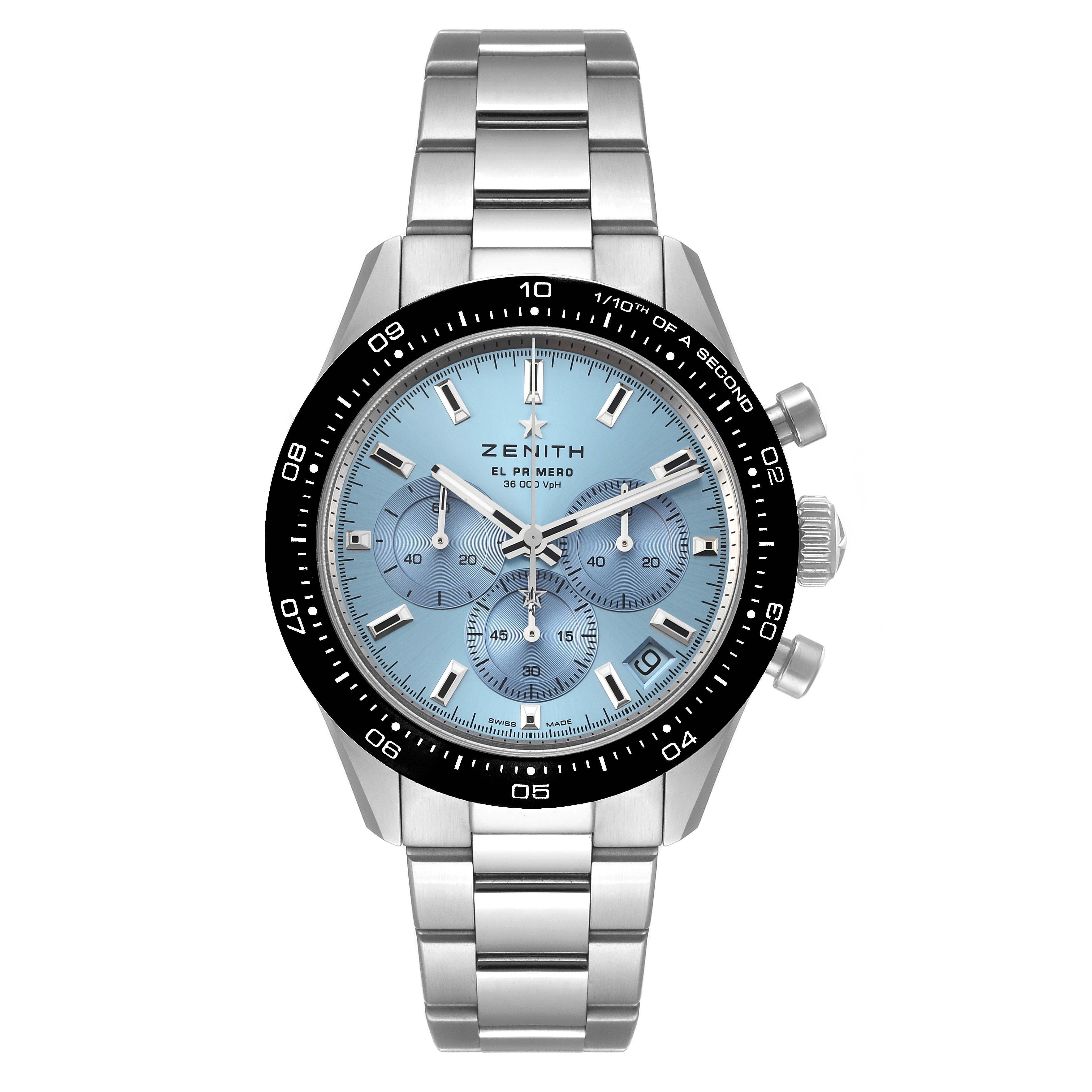This Zenith Chronomaster 03.3105.3600 Men's Stainless Steel Blue Dial 03.3105.3600 Men's Stainless Steel Blue Dial watch is shown from a front angle, displaying the dial, bezel, crown, and chronograph pushers.