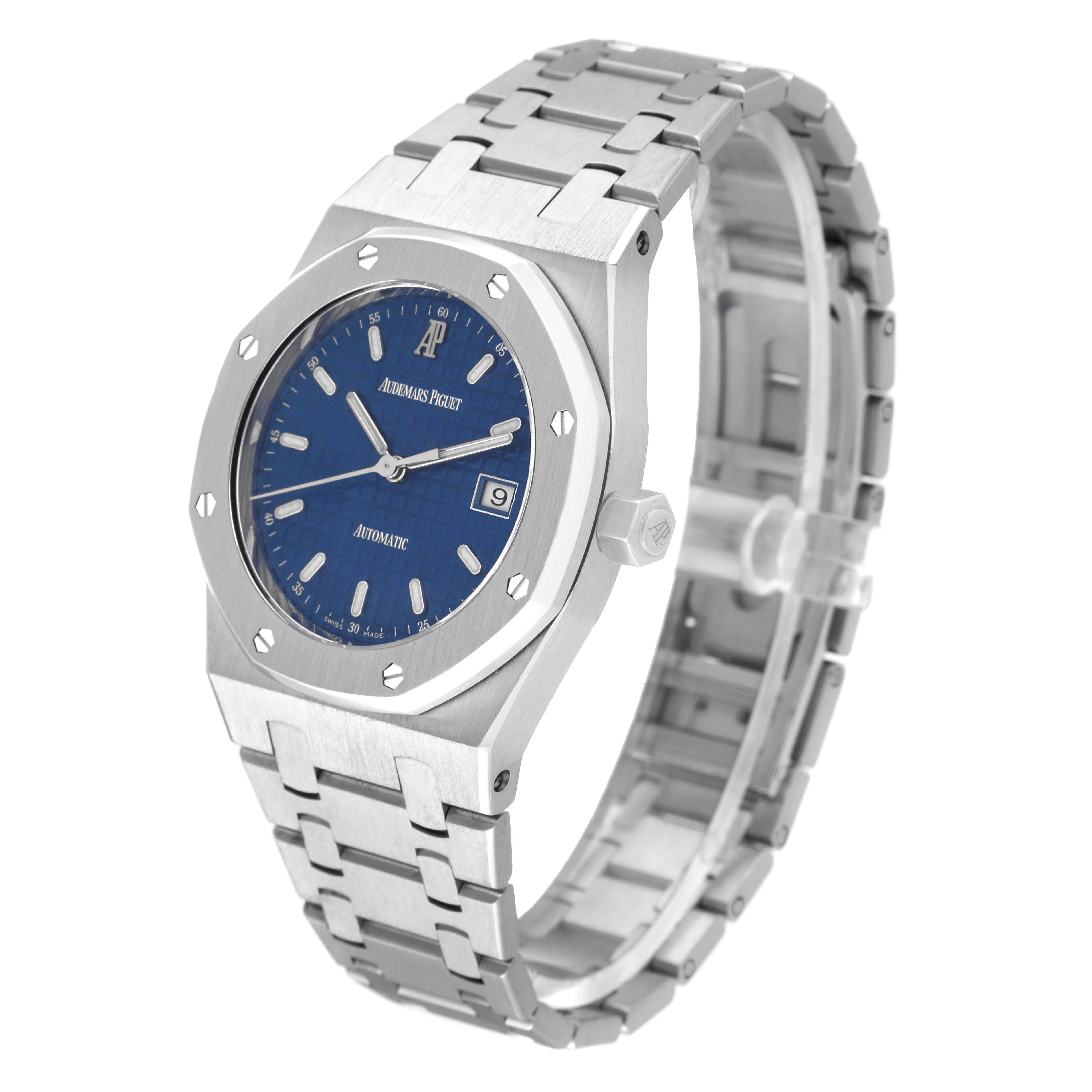 The image shows an Audemars Piguet Royal Oak 15000ST.OO.0789ST.01 Men's Stainless Steel Blue Dial 15000ST.OO.0789ST.01 Men's Stainless Steel Blue Dial watch at a three-quarter angle, highlighting the blue dial, stainless steel case, and bracelet.
