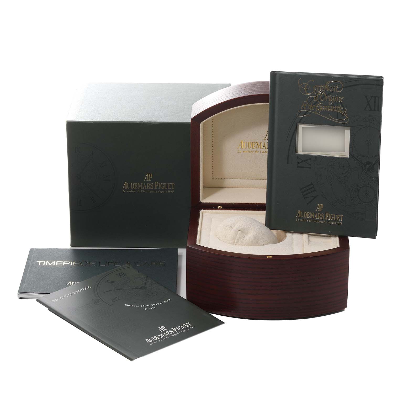 The image shows the packaging and accessories, including a box and manuals, for the Audemars Piguet Royal Oak 15000ST.OO.0789ST.01 Men's Stainless Steel Blue Dial 15000ST.OO.0789ST.01 Men's Stainless Steel Blue Dial watch.