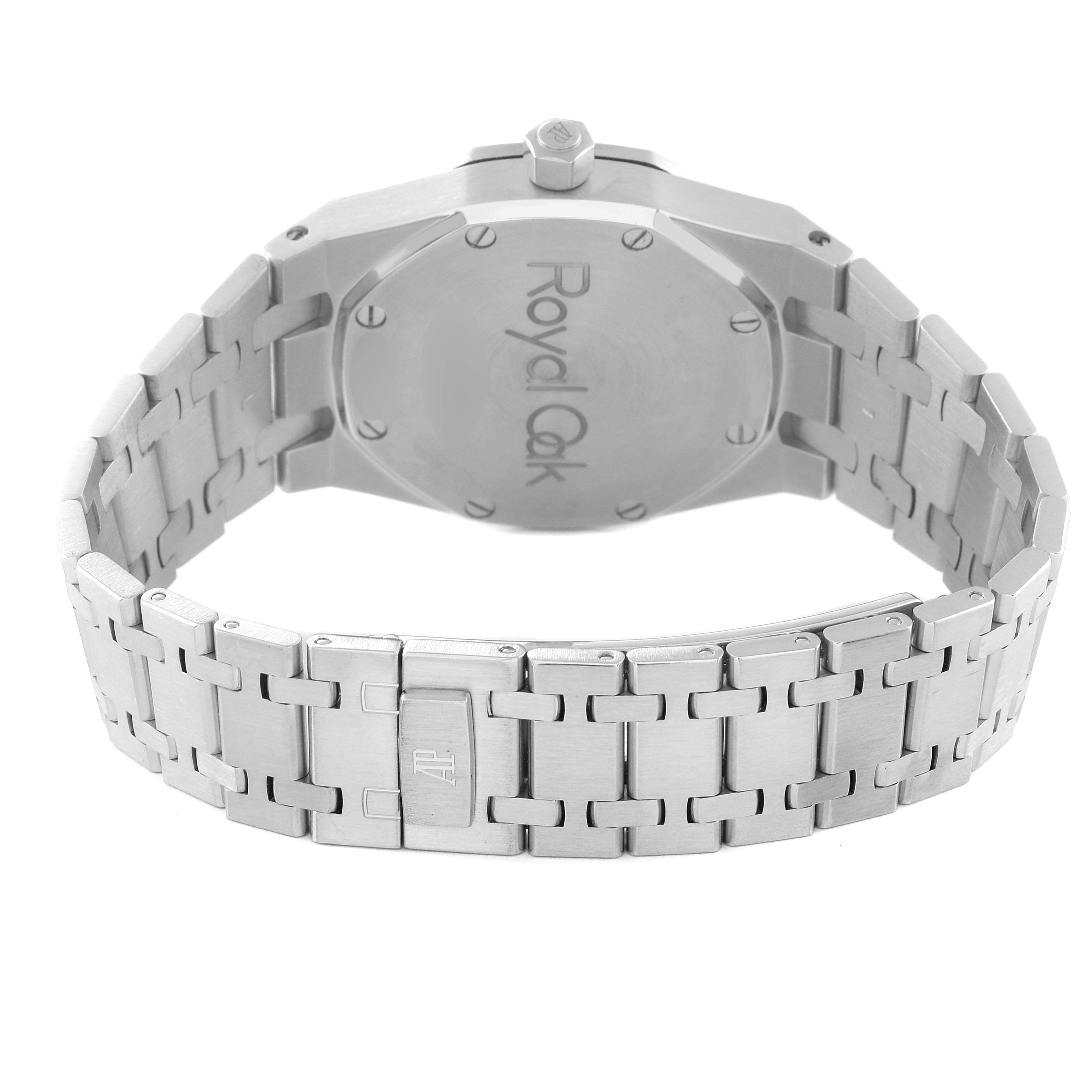 This image shows the back view of the Audemars Piguet Royal Oak 15000ST.OO.0789ST.01 Men's Stainless Steel Blue Dial 15000ST.OO.0789ST.01 Men's Stainless Steel Blue Dial watch, including the backside of the case and bracelet.