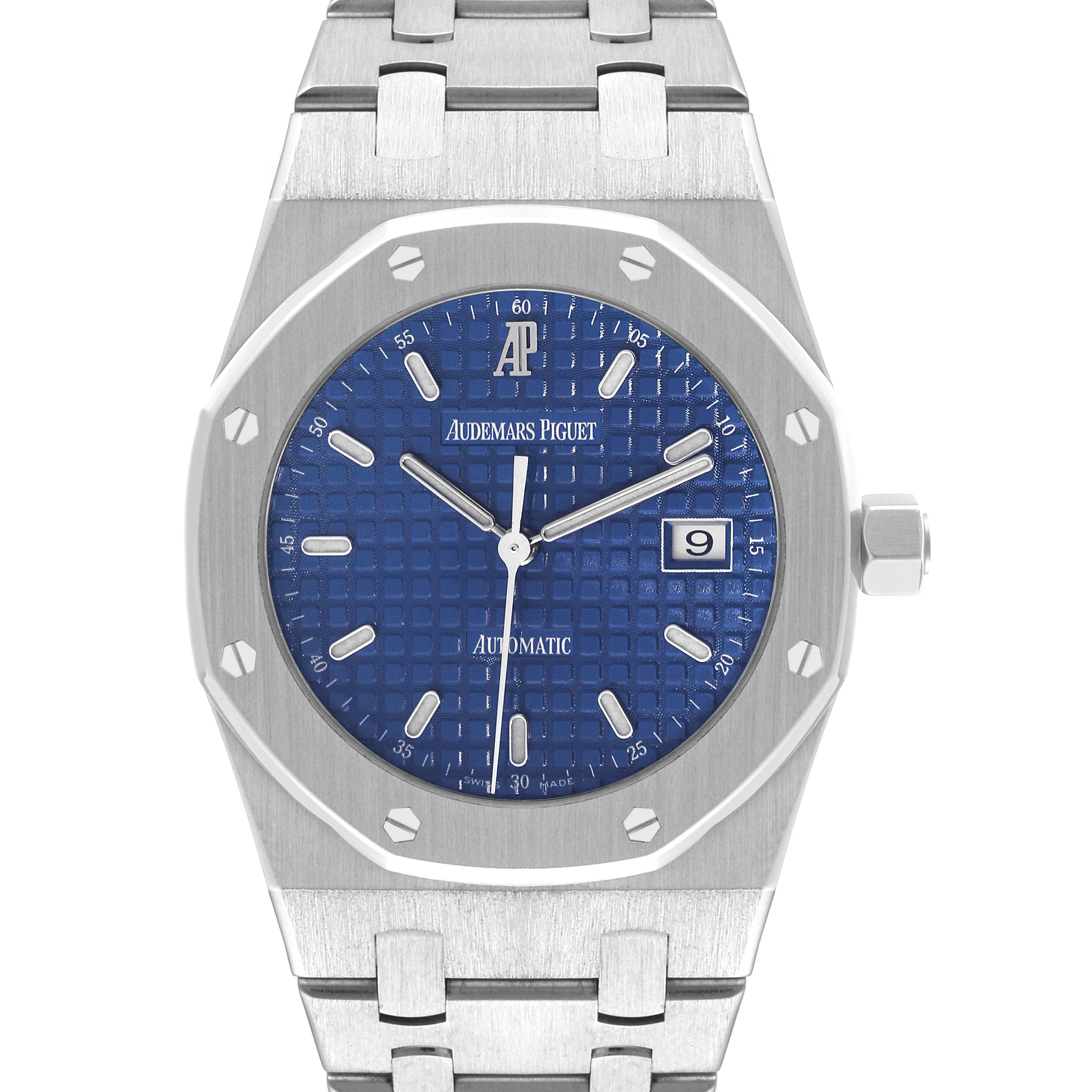 The image shows a front view of an Audemars Piguet Royal Oak 15000ST.OO.0789ST.01 Men's Stainless Steel Blue Dial 15000ST.OO.0789ST.01 Men's Stainless Steel Blue Dial watch, highlighting its blue dial, octagonal bezel, and stainless steel bracelet.