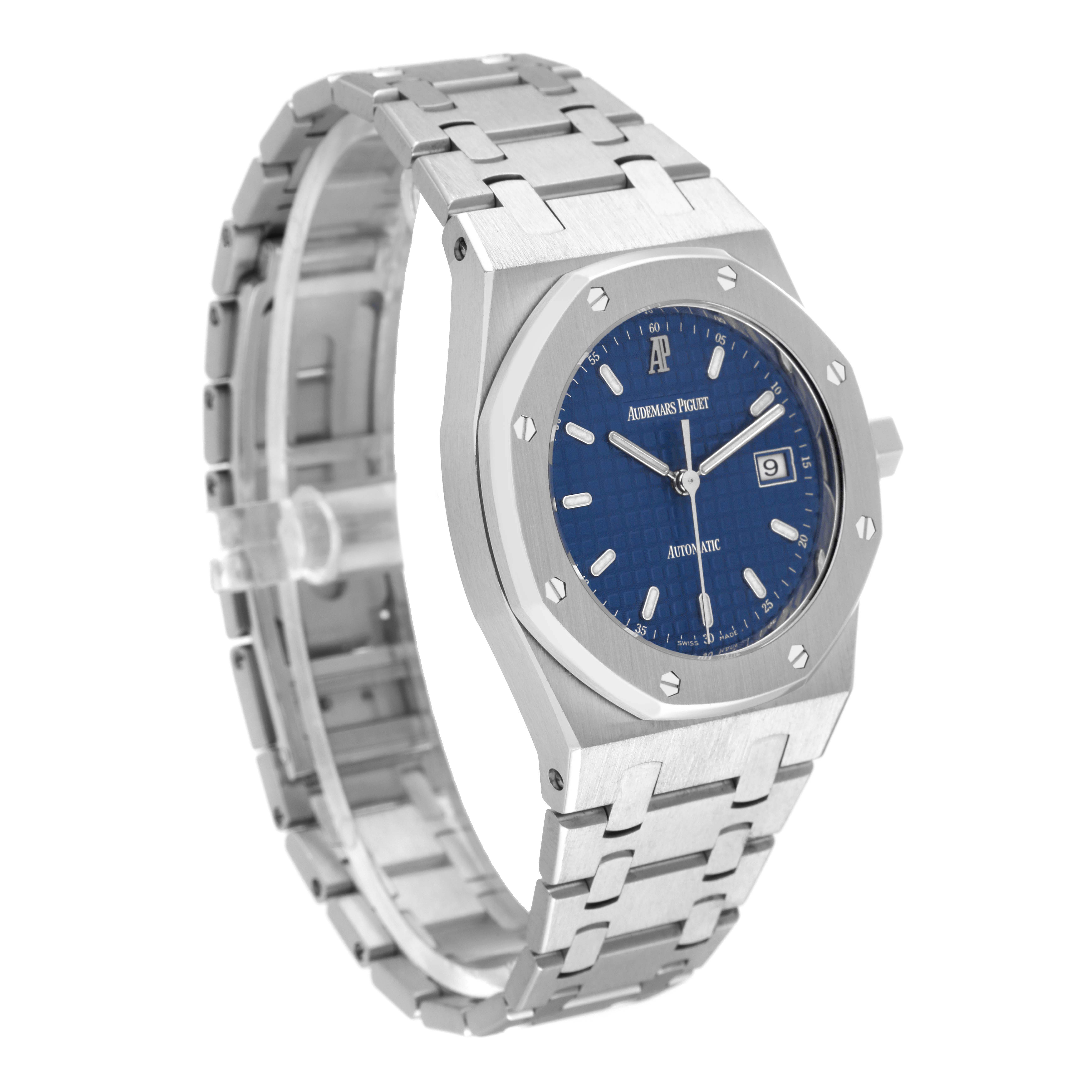 This image shows the Audemars Piguet Royal Oak 15000ST.OO.0789ST.01 Men's Stainless Steel Blue Dial 15000ST.OO.0789ST.01 Men's Stainless Steel Blue Dial watch at a three-quarter angle, highlighting its blue dial, octagonal bezel, and linked bracelet.