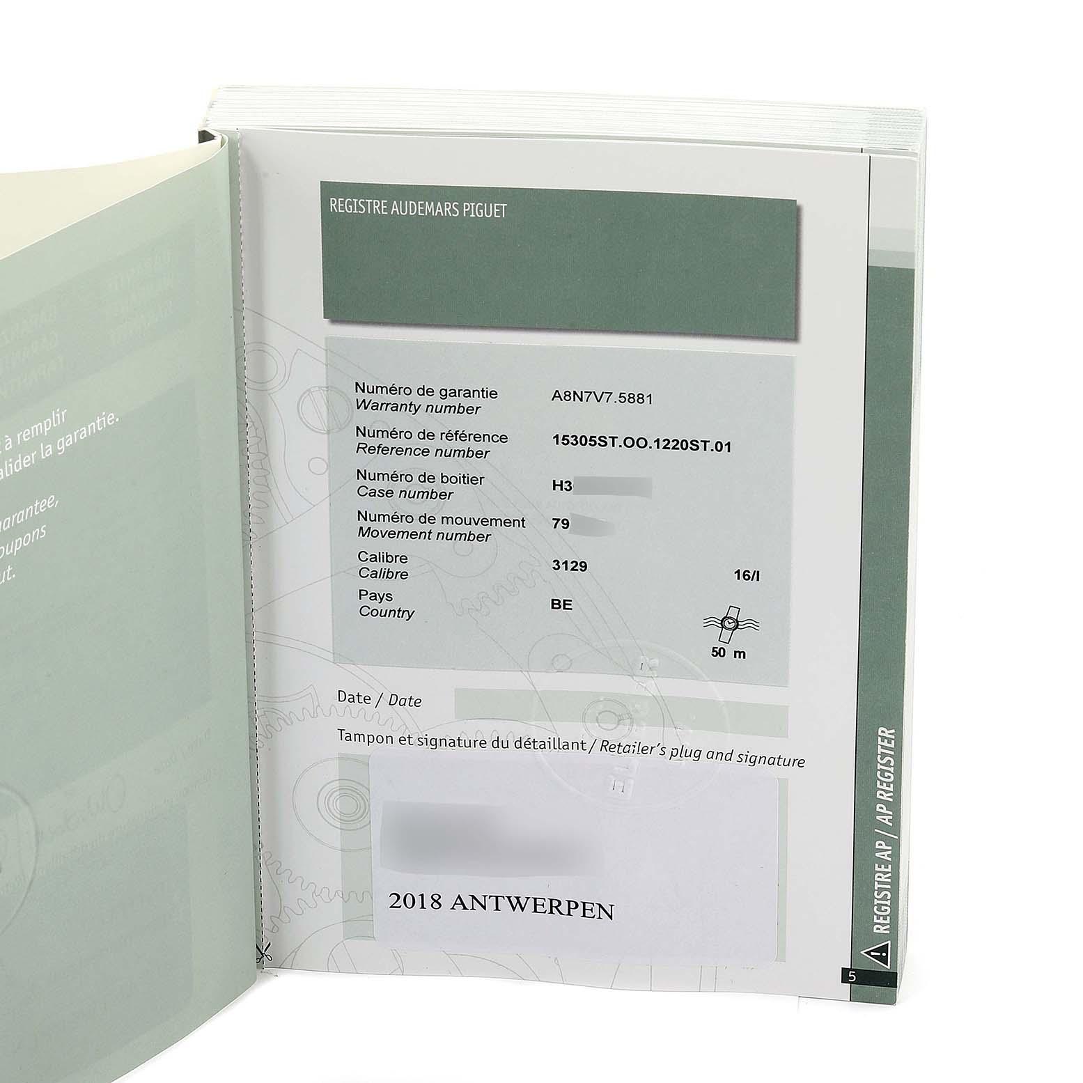 The image shows a warranty booklet for the Audemars Piguet Royal Oak 15305ST.OO.1220ST.01 Men's Stainless Steel Transparent Dial 15305ST.OO.1220ST.01 Men's Stainless Steel Transparent Dial model, displaying warranty and reference numbers.