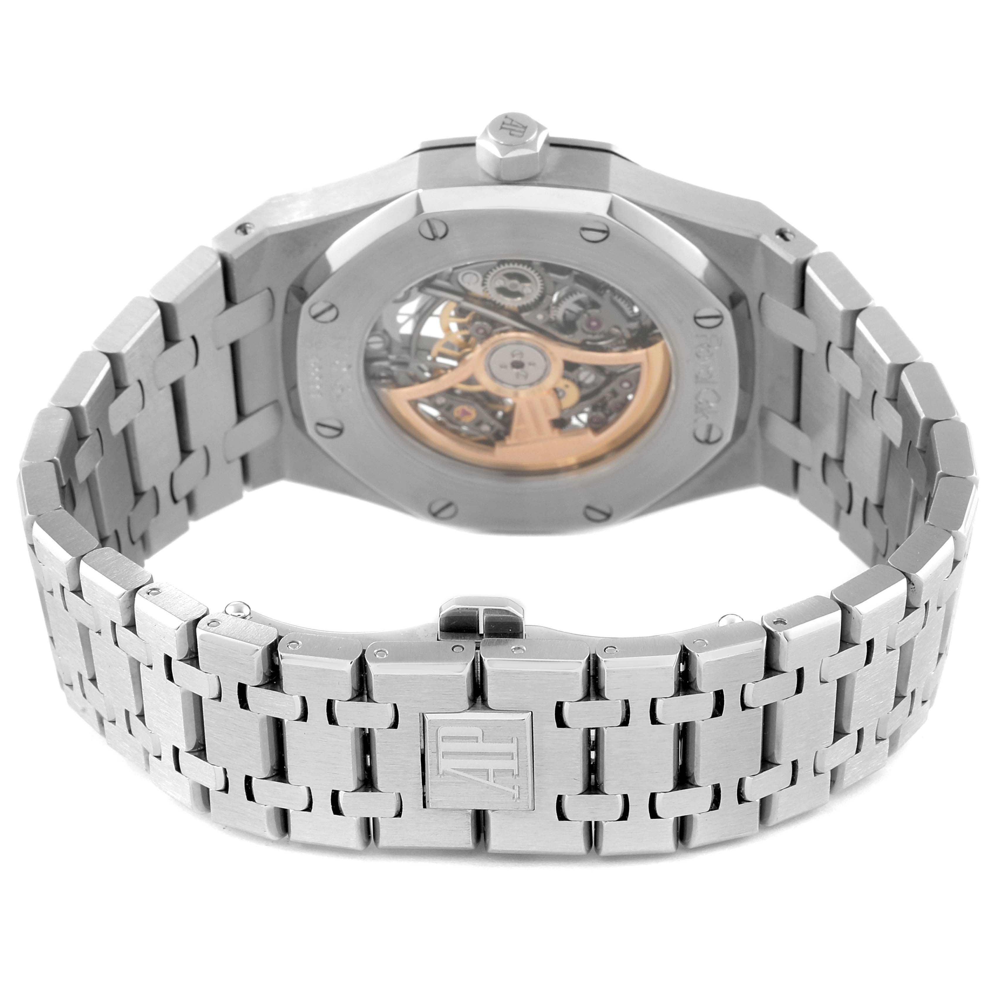 This image shows the back view of an Audemars Piguet Royal Oak 15305ST.OO.1220ST.01 Men's Stainless Steel Transparent Dial 15305ST.OO.1220ST.01 Men's Stainless Steel Transparent Dial watch, highlighting its movement and bracelet.
