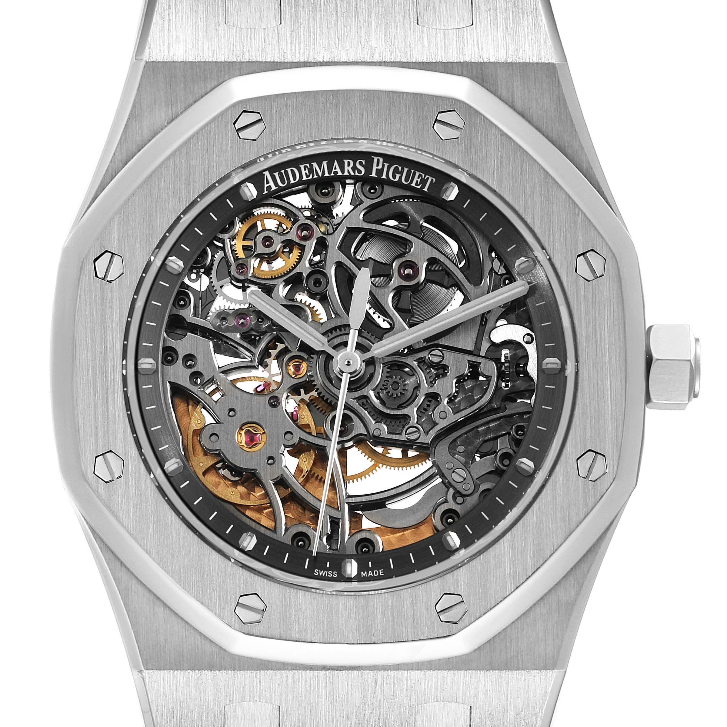 This image shows a front view of the dial and case of an Audemars Piguet Royal Oak 15305ST.OO.1220ST.01 Men's Stainless Steel Transparent Dial 15305ST.OO.1220ST.01 Men's Stainless Steel Transparent Dial with a skeleton dial design.