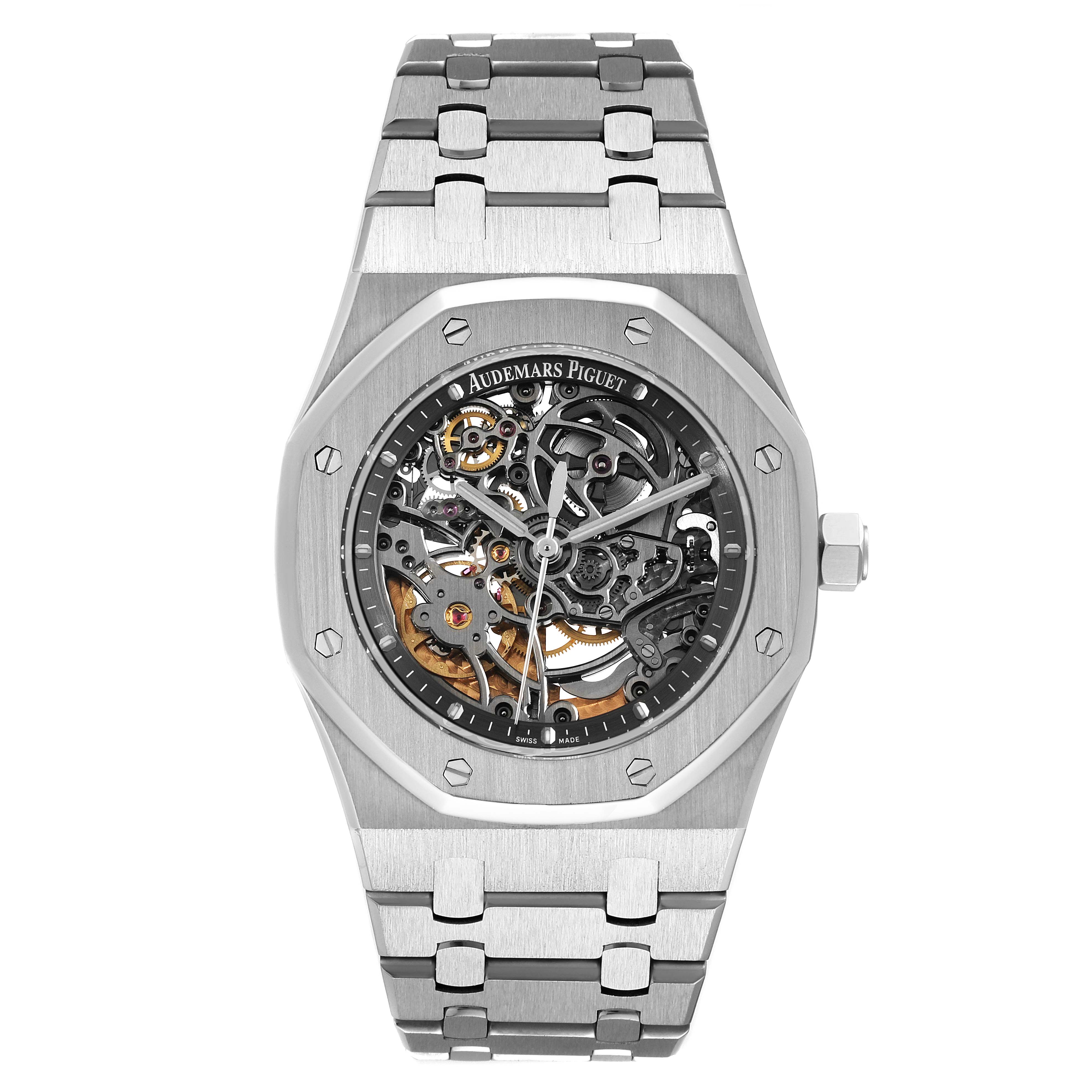 The image shows a front view of an Audemars Piguet Royal Oak 15305ST.OO.1220ST.01 Men's Stainless Steel Transparent Dial 15305ST.OO.1220ST.01 Men's Stainless Steel Transparent Dial watch with a visible skeleton dial and metallic strap.