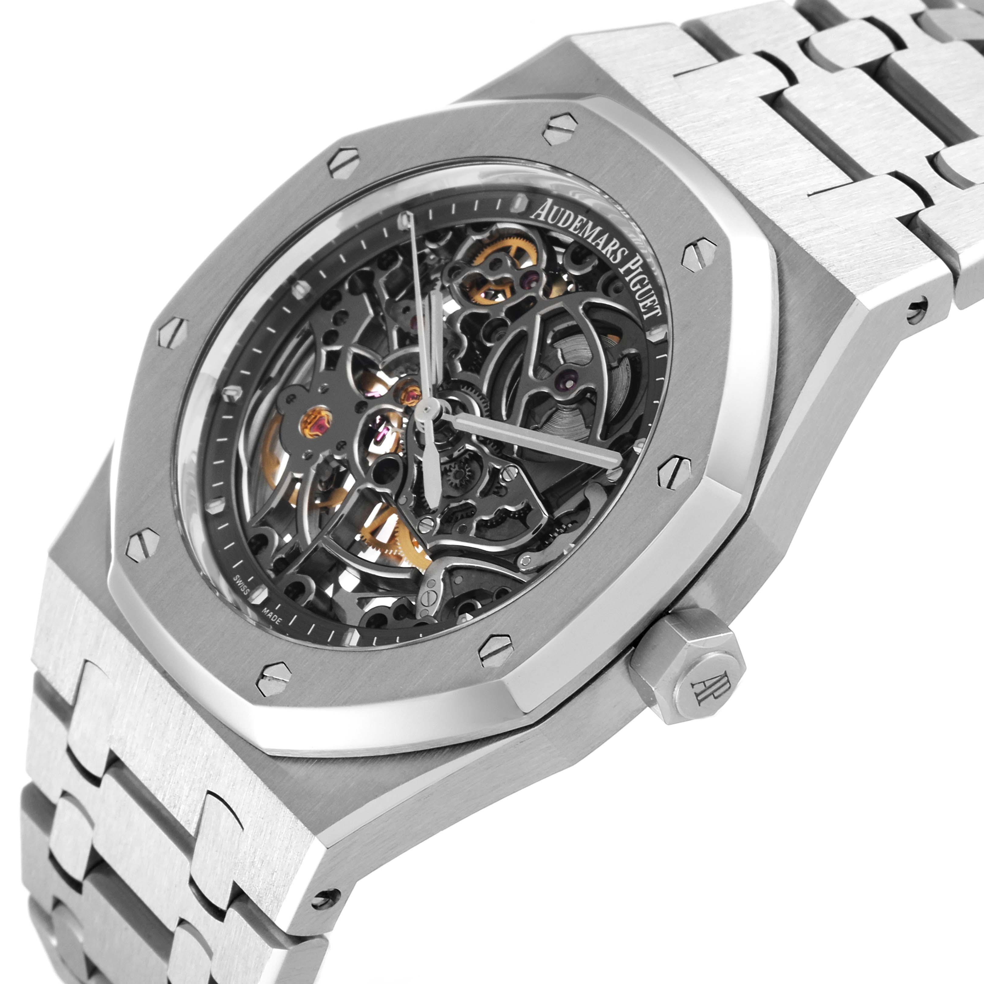 This image shows a close-up of the Audemars Piguet Royal Oak 15305ST.OO.1220ST.01 Men's Stainless Steel Transparent Dial 15305ST.OO.1220ST.01 Men's Stainless Steel Transparent Dial watch, featuring the watch face, bezel, and part of the bracelet.