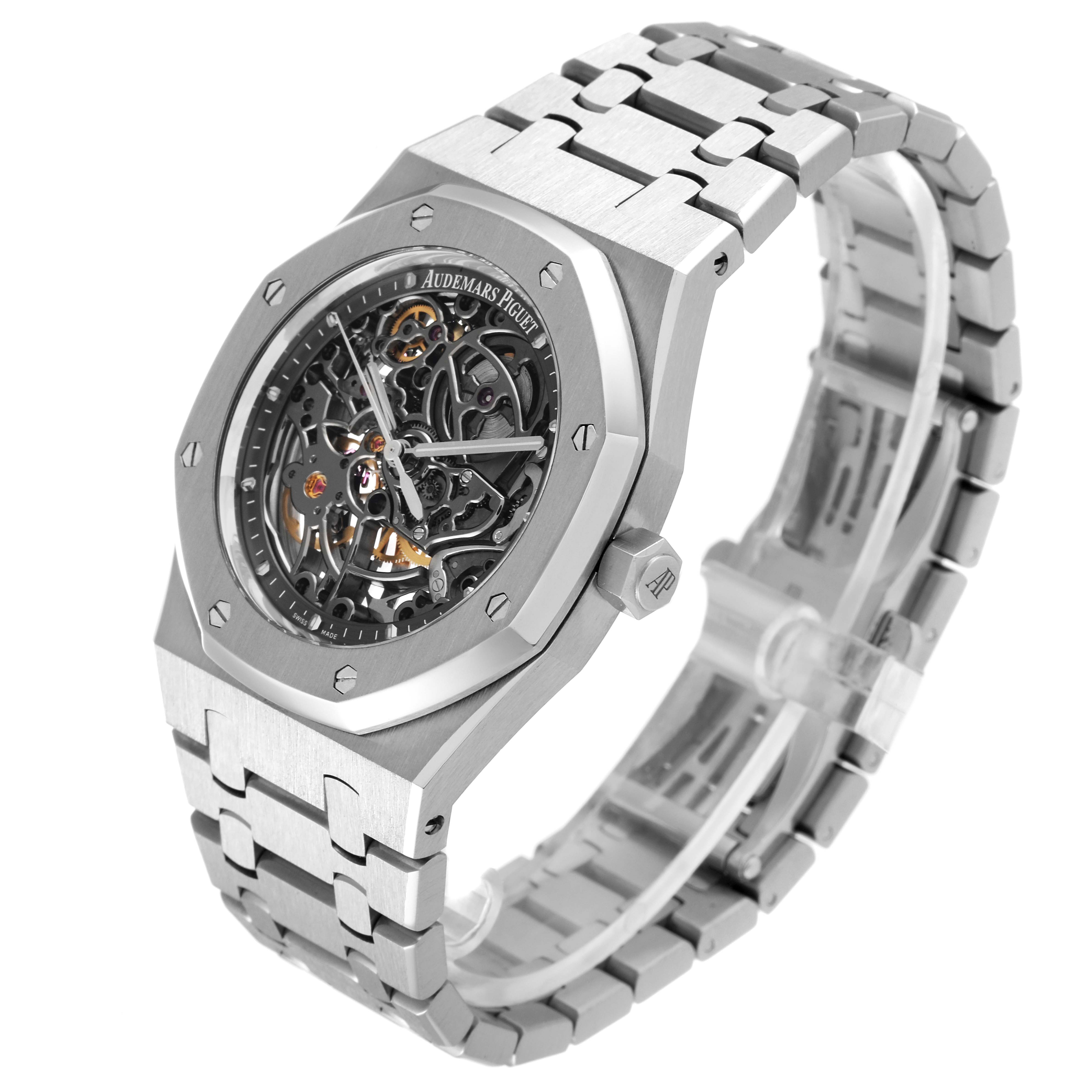 This image shows a front-angle view of the Audemars Piguet Royal Oak 15305ST.OO.1220ST.01 Men's Stainless Steel Transparent Dial 15305ST.OO.1220ST.01 Men's Stainless Steel Transparent Dial watch, highlighting its intricate openwork dial and metal bracelet.