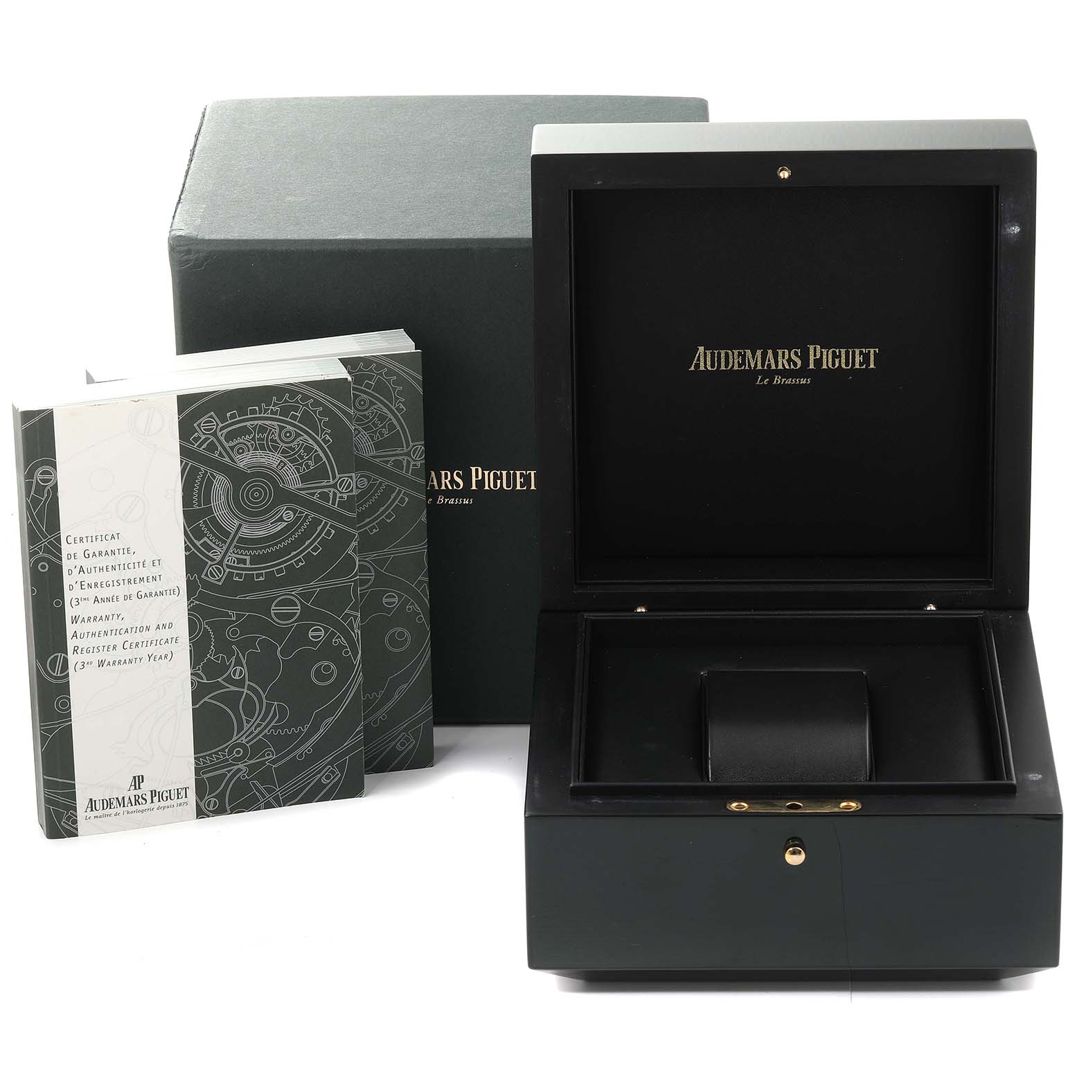 The image shows the box and warranty booklet for the Audemars Piguet Royal Oak 15305ST.OO.1220ST.01 Men's Stainless Steel Transparent Dial 15305ST.OO.1220ST.01 Men's Stainless Steel Transparent Dial watch, viewed from the front.