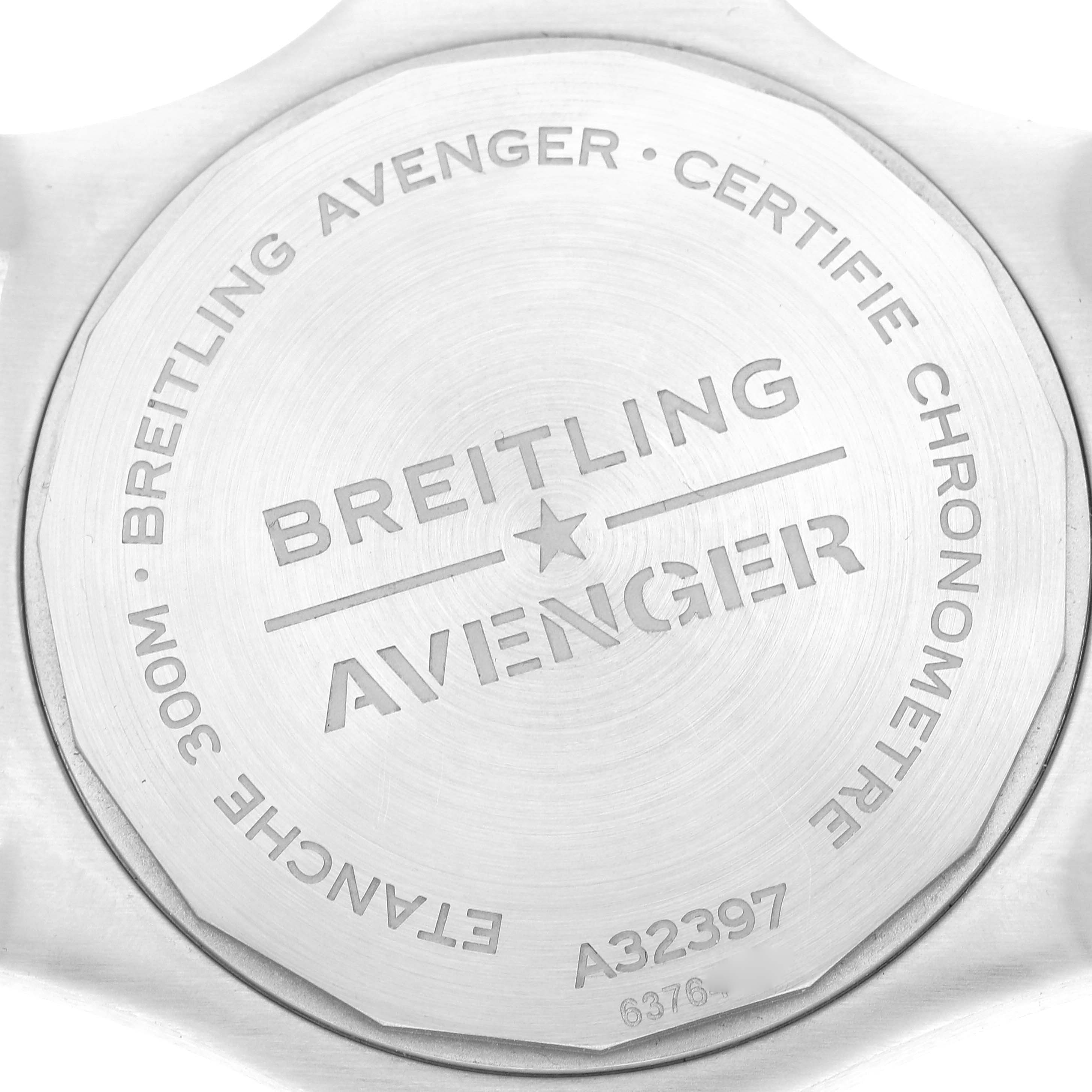 The image shows the back case of a Breitling Avenger A32397 Men's Stainless Steel White Dial A32397 Men's Stainless Steel White Dial watch, displaying brand and model details.