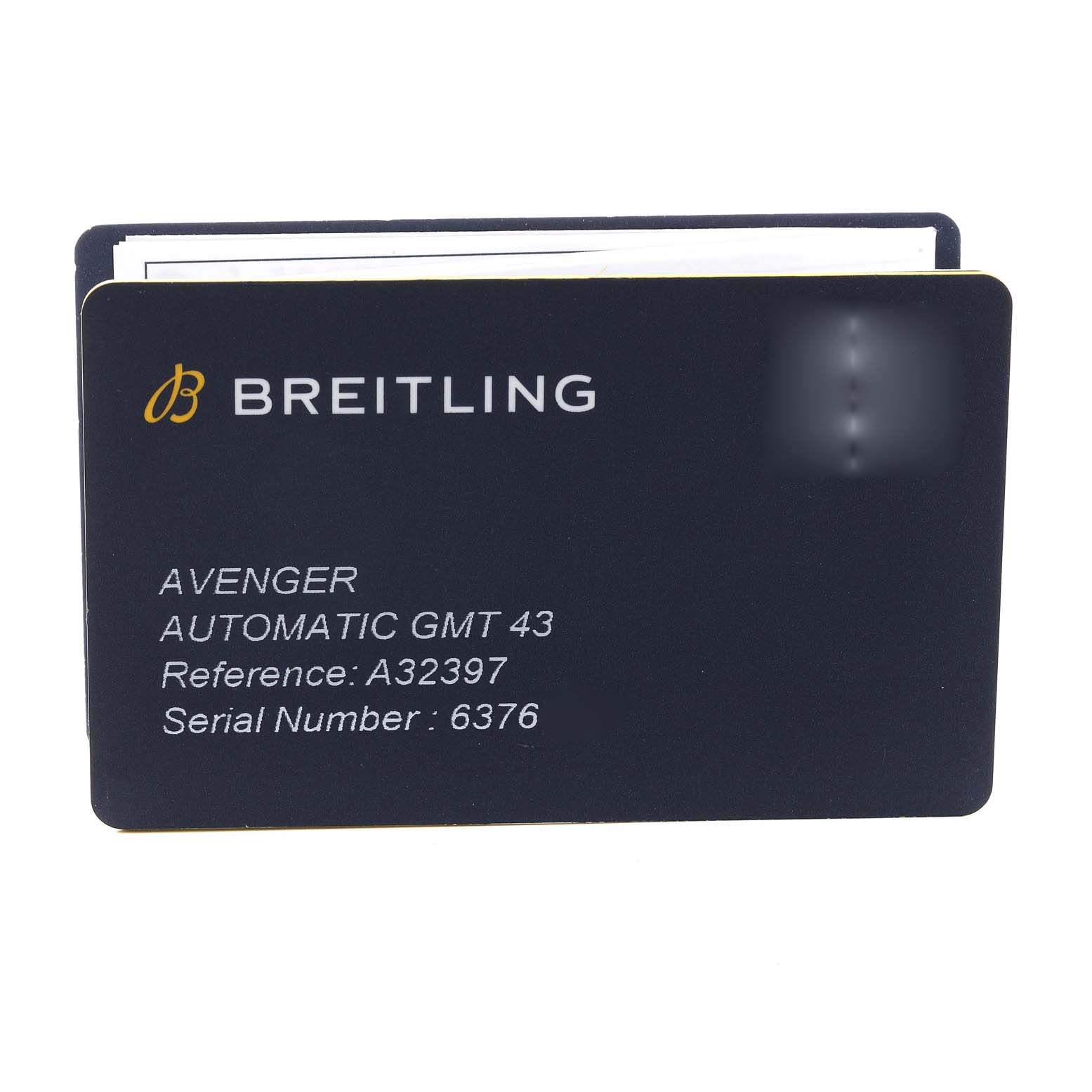 The image shows a Breitling Avenger A32397 Men's Stainless Steel White Dial A32397 Men's Stainless Steel White Dial model watch warranty or authenticity card with the model, reference, and serial number.