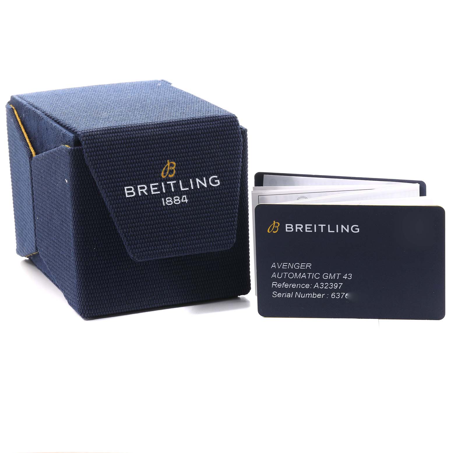 The image shows a Breitling Avenger A32397 Men's Stainless Steel White Dial A32397 Men's Stainless Steel White Dial watch box and accompanying documentation from the front angle.