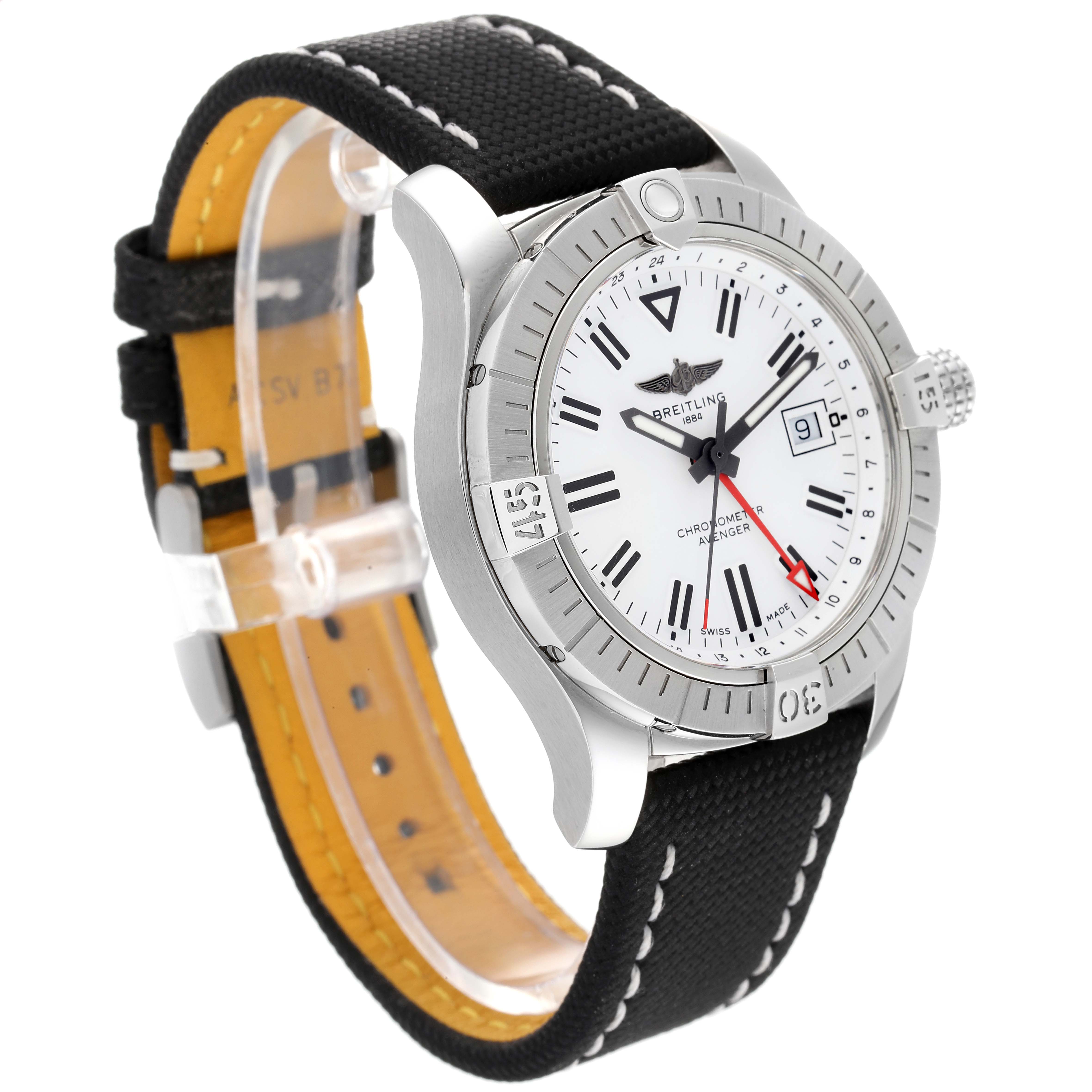 This Breitling Avenger A32397 Men's Stainless Steel White Dial A32397 Men's Stainless Steel White Dial watch is shown at a three-quarter angle, highlighting its face, bezel, crown, and strap.