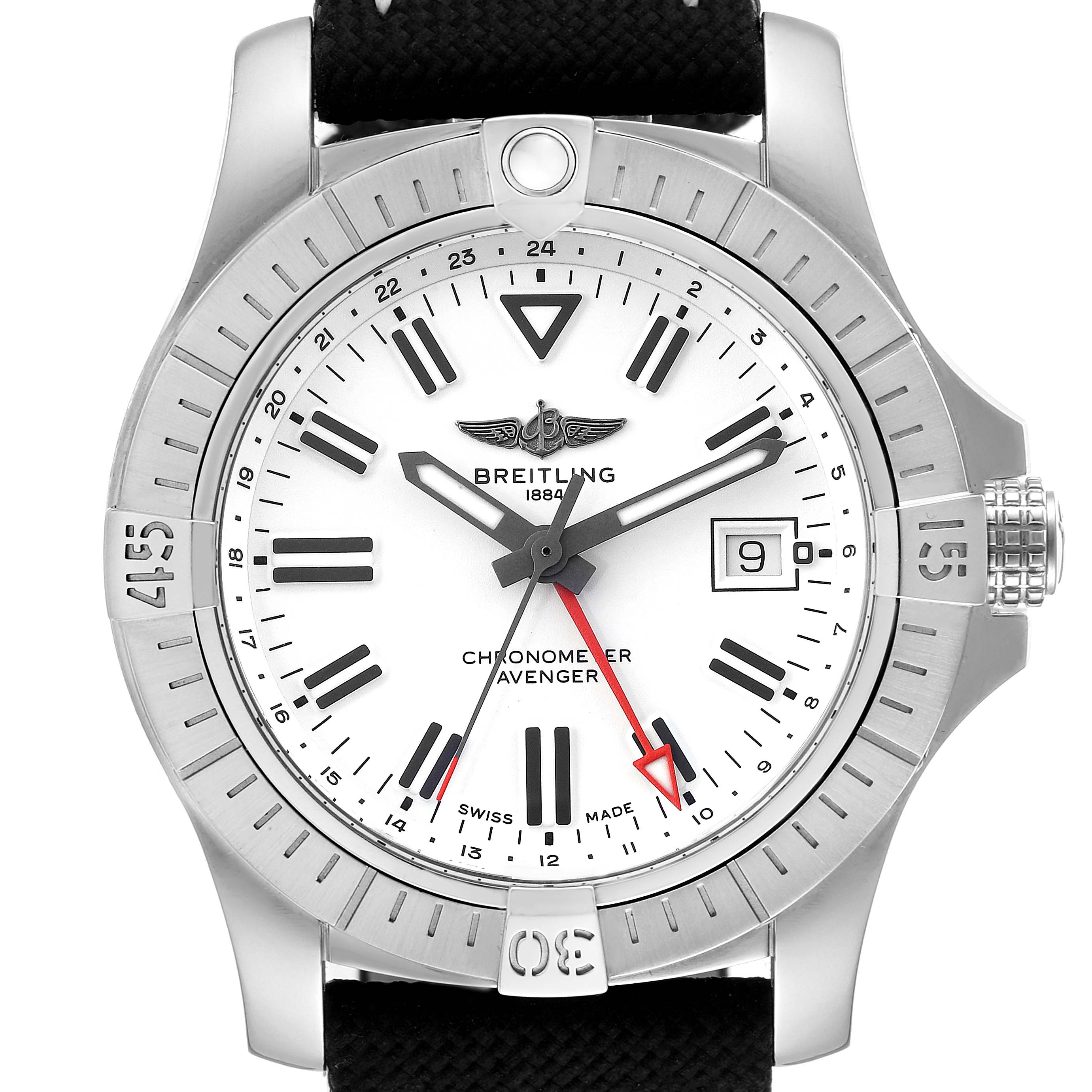 This image shows a front view of a Breitling Avenger A32397 Men's Stainless Steel White Dial A32397 Men's Stainless Steel White Dial model watch, displaying the dial, bezel, and crown.