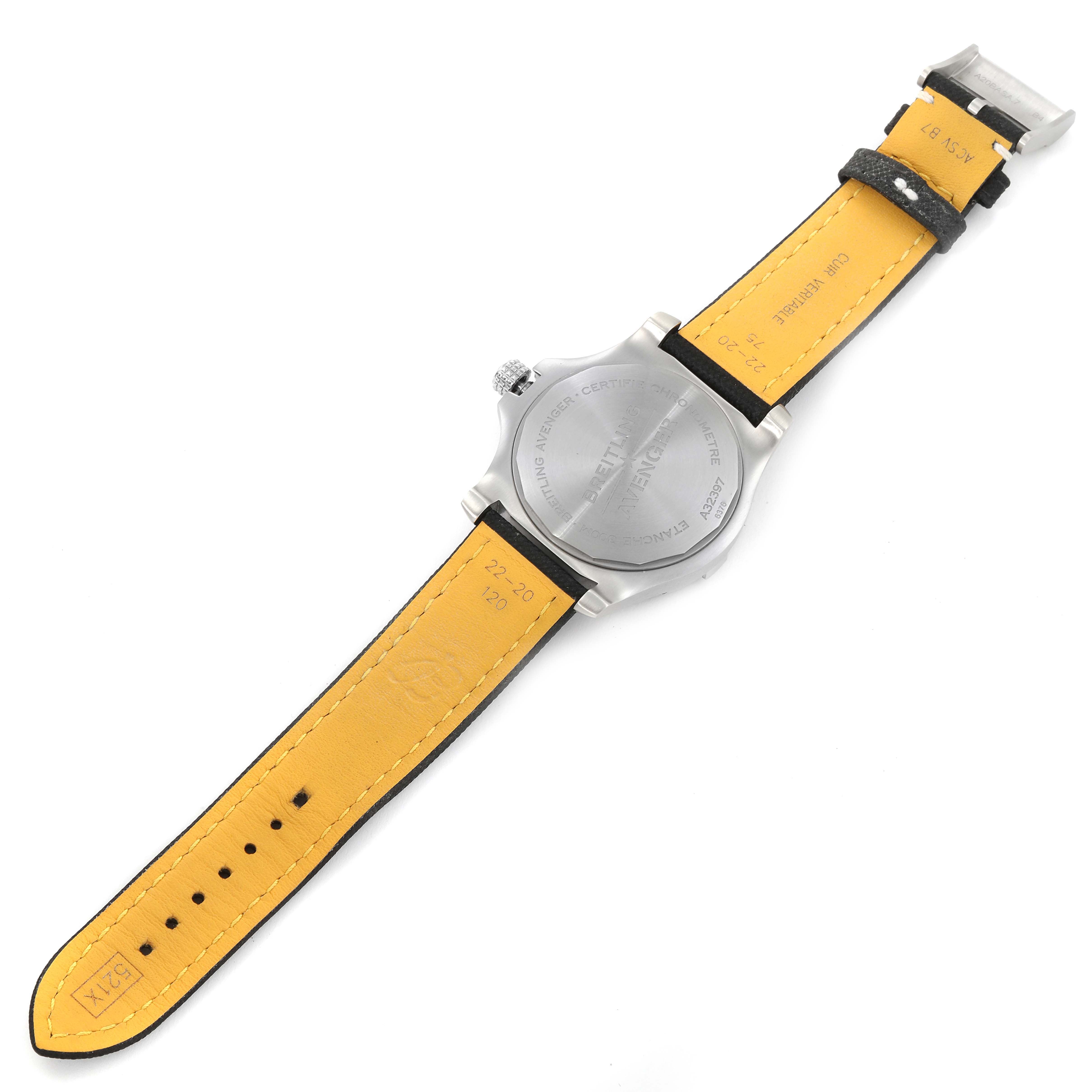 The image shows the back of a Breitling Avenger A32397 Men's Stainless Steel White Dial A32397 Men's Stainless Steel White Dial watch with its yellow strap fully extended.