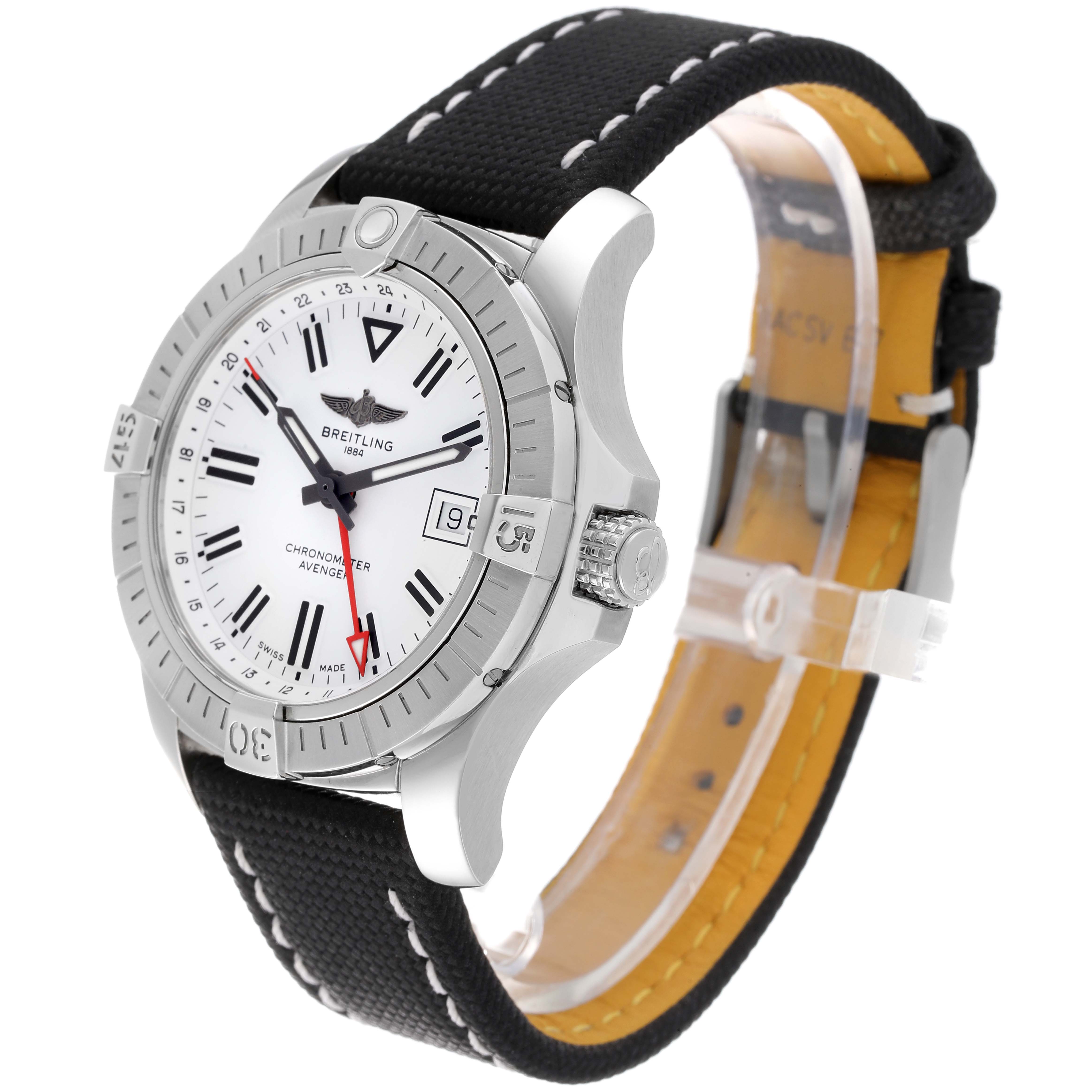 This Breitling Avenger A32397 Men's Stainless Steel White Dial A32397 Men's Stainless Steel White Dial model watch is shown at an angled close-up, displaying the front face, bezel, crown, and strap.