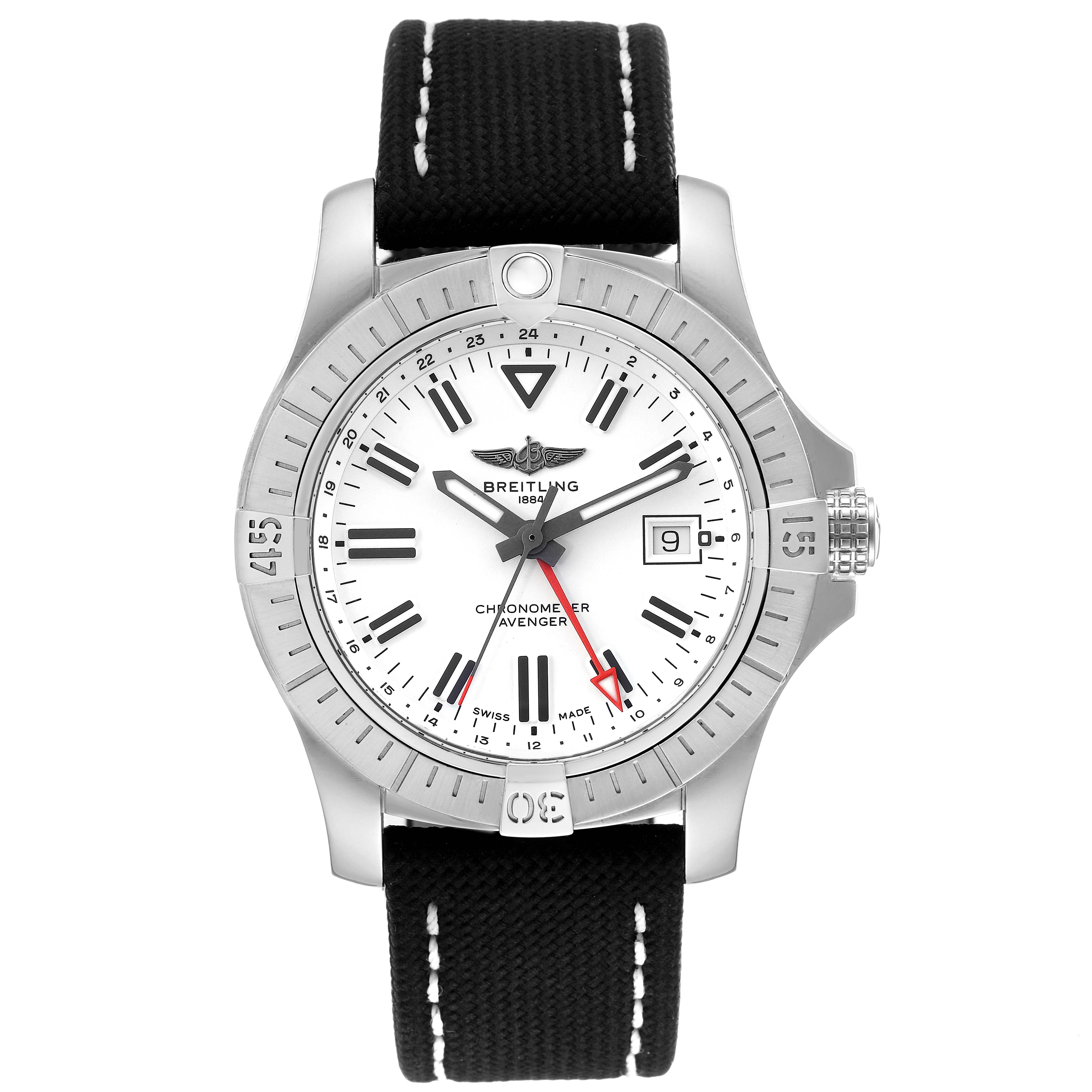 The image shows a front view of the Breitling Avenger A32397 Men's Stainless Steel White Dial A32397 Men's Stainless Steel White Dial watch, highlighting its dial, bezel, crown, and strap.
