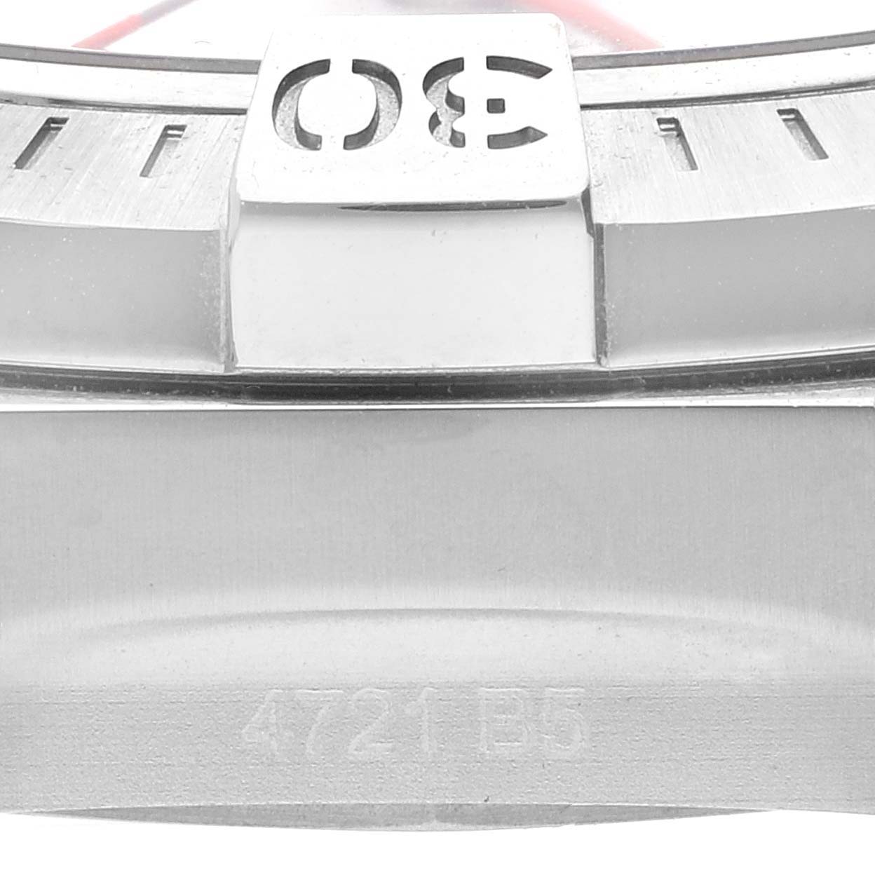 This close-up shows the bezel and part of the case with the serial number of the Breitling Avenger A32397 Men's Stainless Steel White Dial A32397 Men's Stainless Steel White Dial watch.