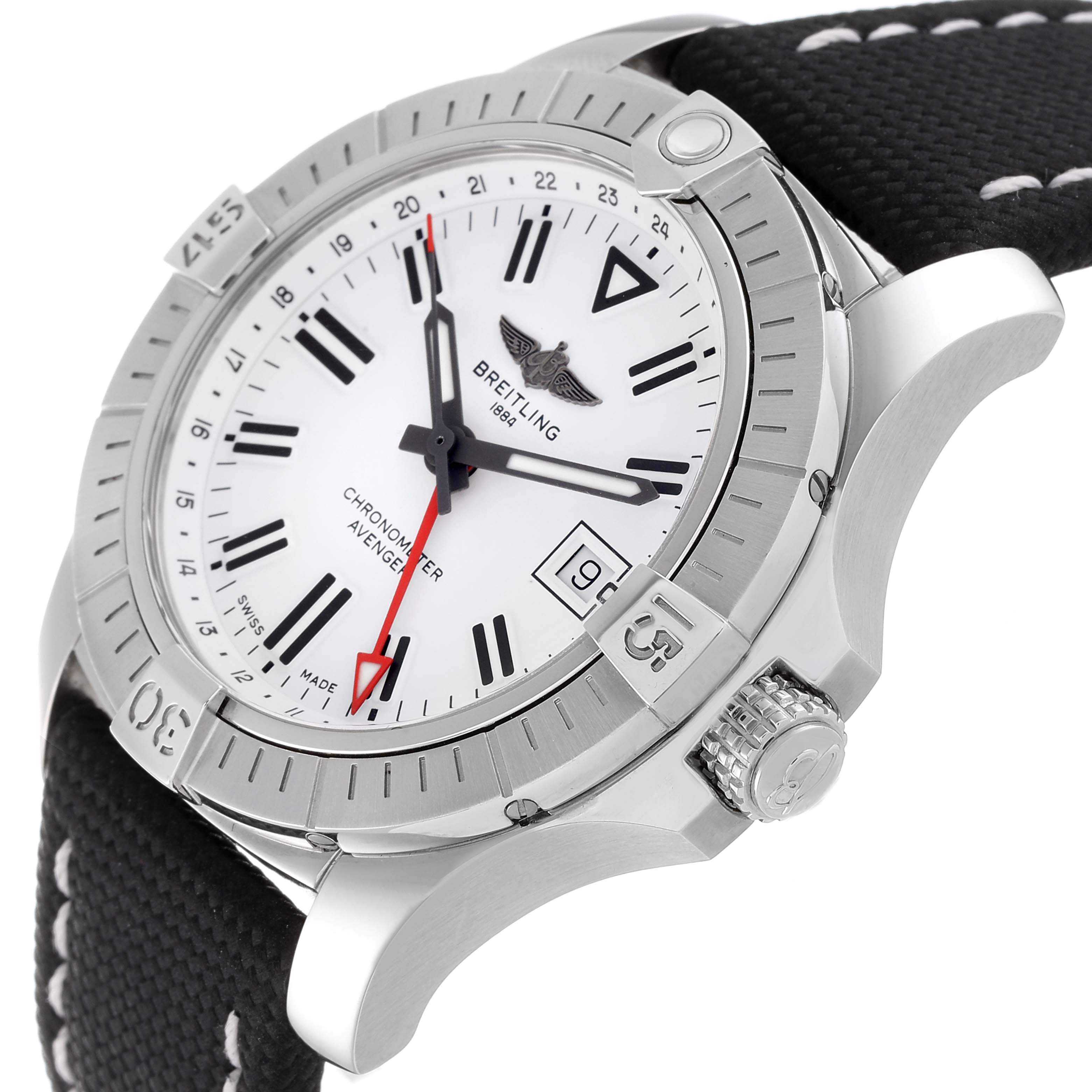 The image shows a Breitling Avenger A32397 Men's Stainless Steel White Dial A32397 Men's Stainless Steel White Dial watch at a slight side angle, highlighting the watch face, bezel, crown, and strap.