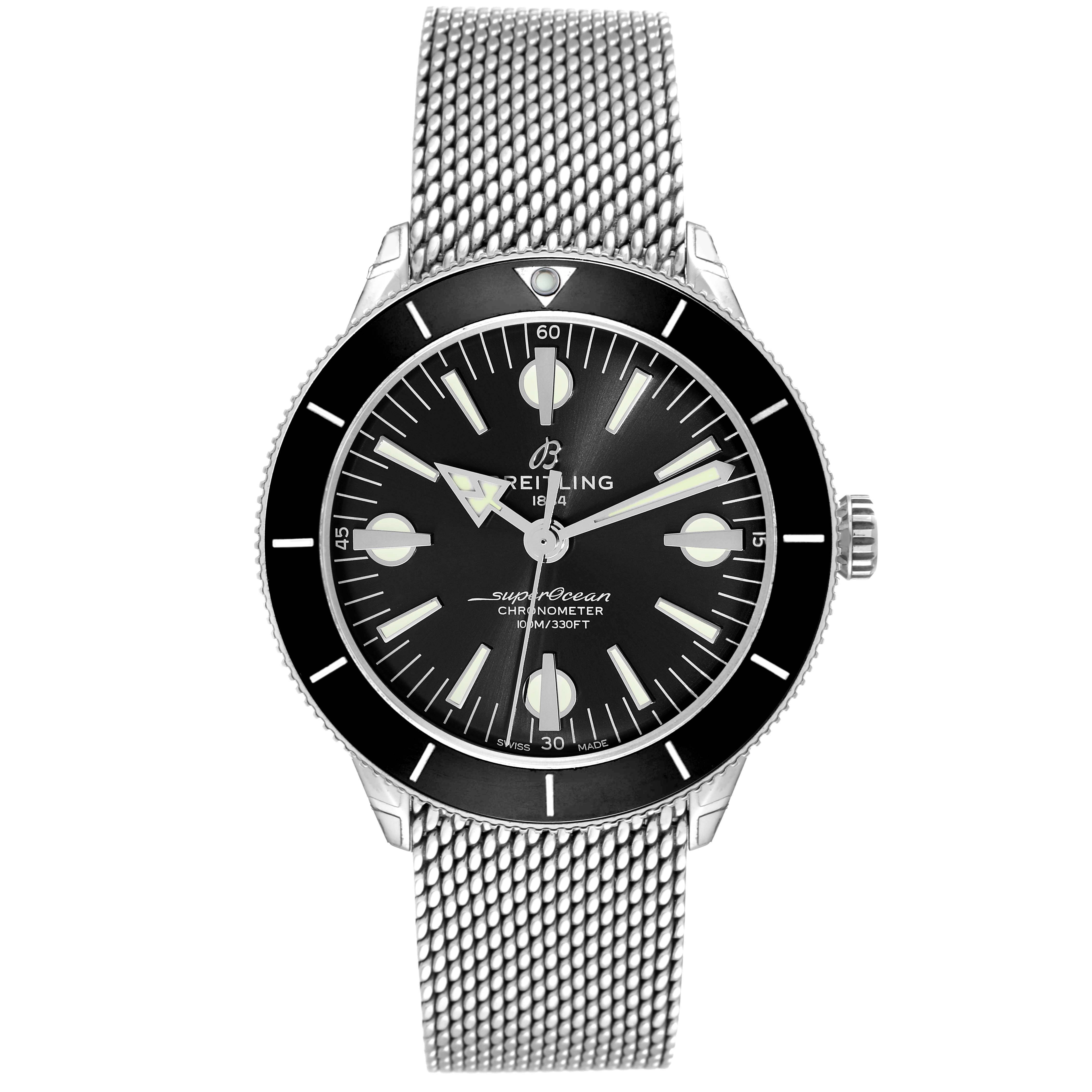 The Breitling Superocean A10370 Men
s Stainless Steel Black Dial A10370 Men
s Stainless Steel Black Dial watch is shown from a front angle, displaying the dial, bezel, crown, and mesh bracelet.
