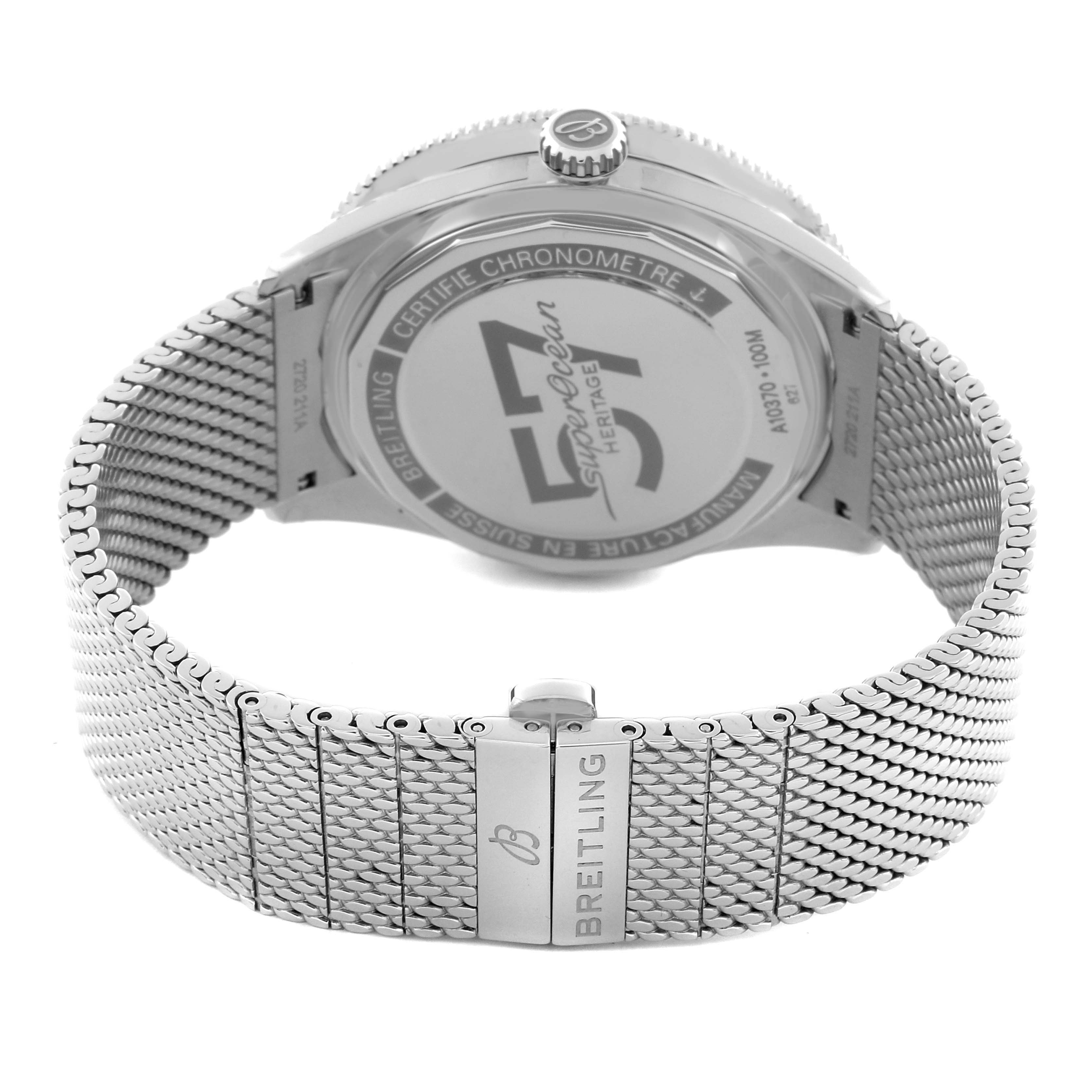 The image shows the back of a Breitling Superocean A10370 Men
s Stainless Steel Black Dial A10370 Men
s Stainless Steel Black Dial watch with a metal mesh bracelet and the brand name on the clasp.