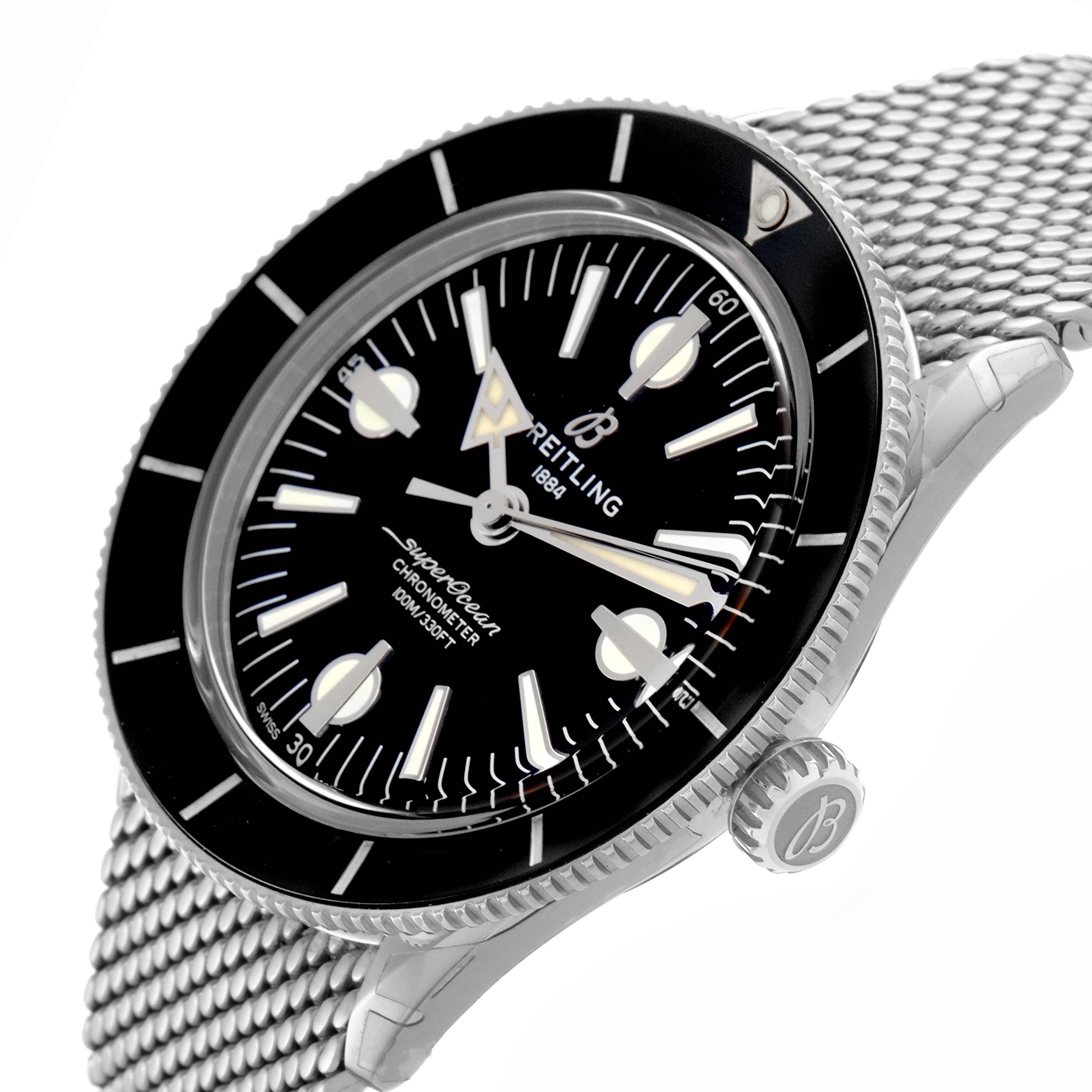 The Breitling Superocean A10370 Men
s Stainless Steel Black Dial A10370 Men
s Stainless Steel Black Dial watch is shown at an oblique angle, highlighting the face, bezel, crown, and metal mesh strap.
